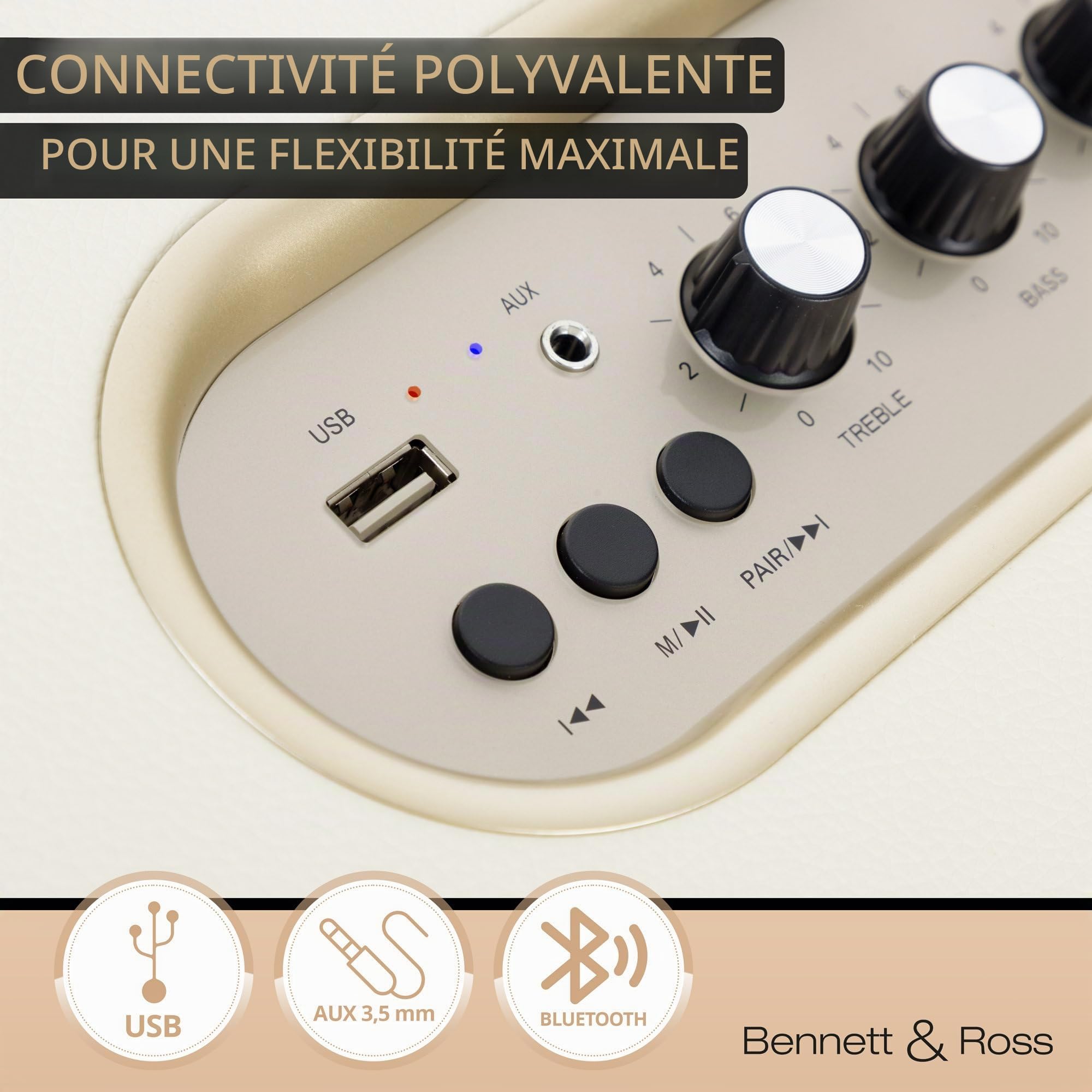 Bennett & Ross BB-860CW Blackmore Haut-Parleur Bluetooth rétro en Cuir - Haut-Parleur Vintage avec 2X 30W - Speaker Entrée USB avec Lecteur MP3 - Jack 3,5 mm avec aux-in - Enceinte Blanc créme