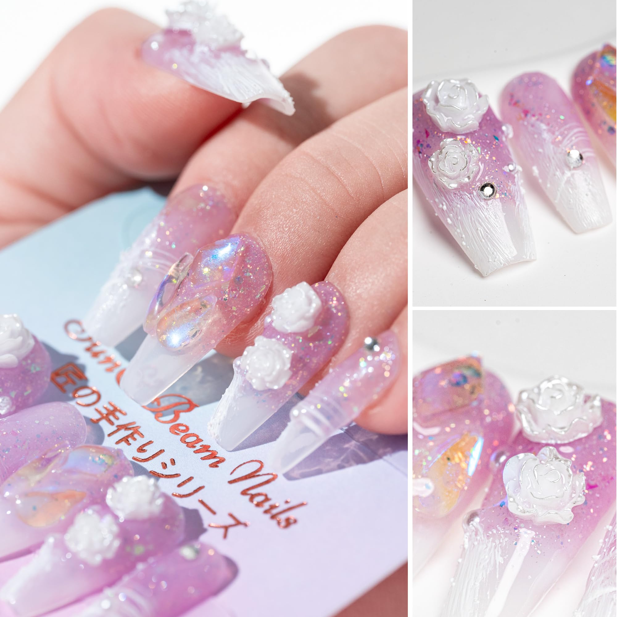 Sun&Beam Nails 手作り ネイルチップ ミディアム ロング バレリーナ 緑 グリーン 蝶 花 人気 3D おしゃれ 可愛い デザイン つけ爪 付け爪 収納ボックス付き 10枚入 (M, #04 上品な紫) - 3