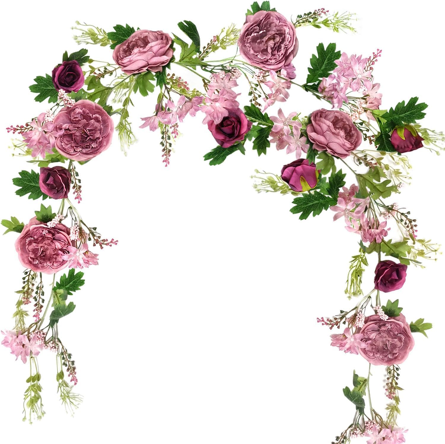 Pfingstrosen-Blumengirlande, 180 cm, Rosengirlande, künstliche Blumen, künstliche Blumengirlanden für Hochzeiten, Zuhause, Tischläufer, Kaminsims, Party-Dekor (staubige