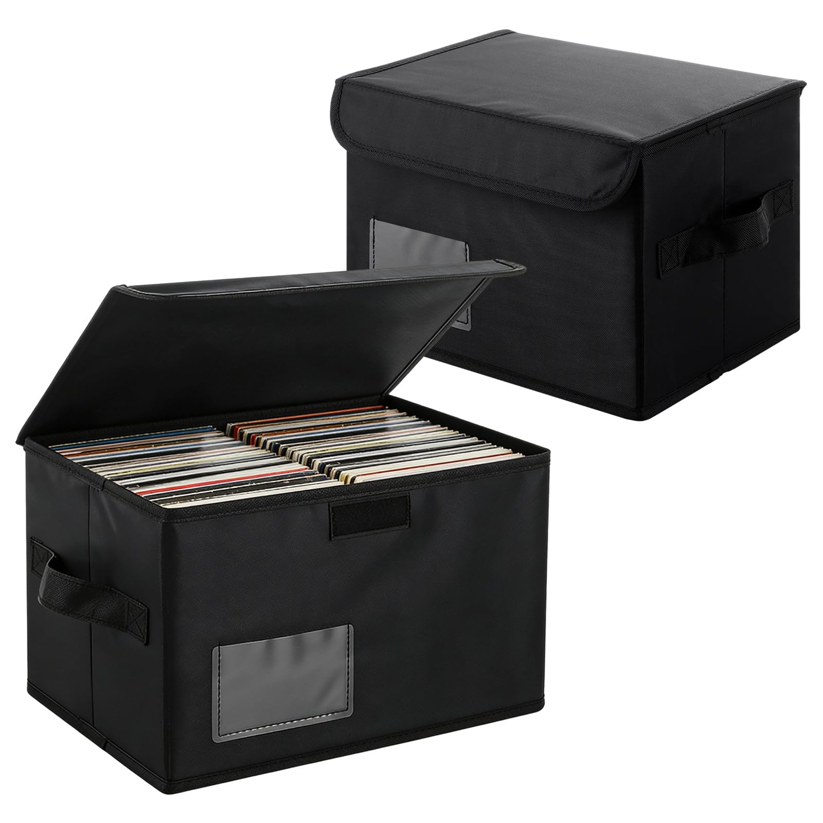 YOUNTHYE 2 Pack Vinyl Record Storage Box, 28x18.8x18.8 cm Foldable Vinyl Record Holder Stackable LP Storage Boxes Holds up to 110 Records with Lid & Handles