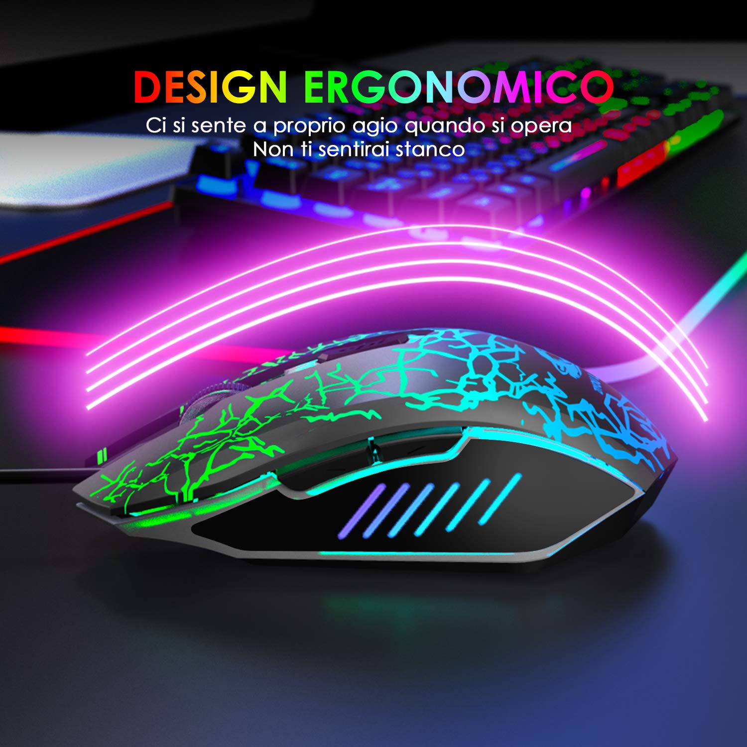 LexonElec T13 Nero IT Layout QWERTY Tastiera e Mouse da Gioco, USB Cablato Retroilluminato LED RGB Arcobaleno 19 tasti non conflittuali, 6 Tasti 2400 DPI colorato Mouse, per Laptop PC Linux PS4 Xbox