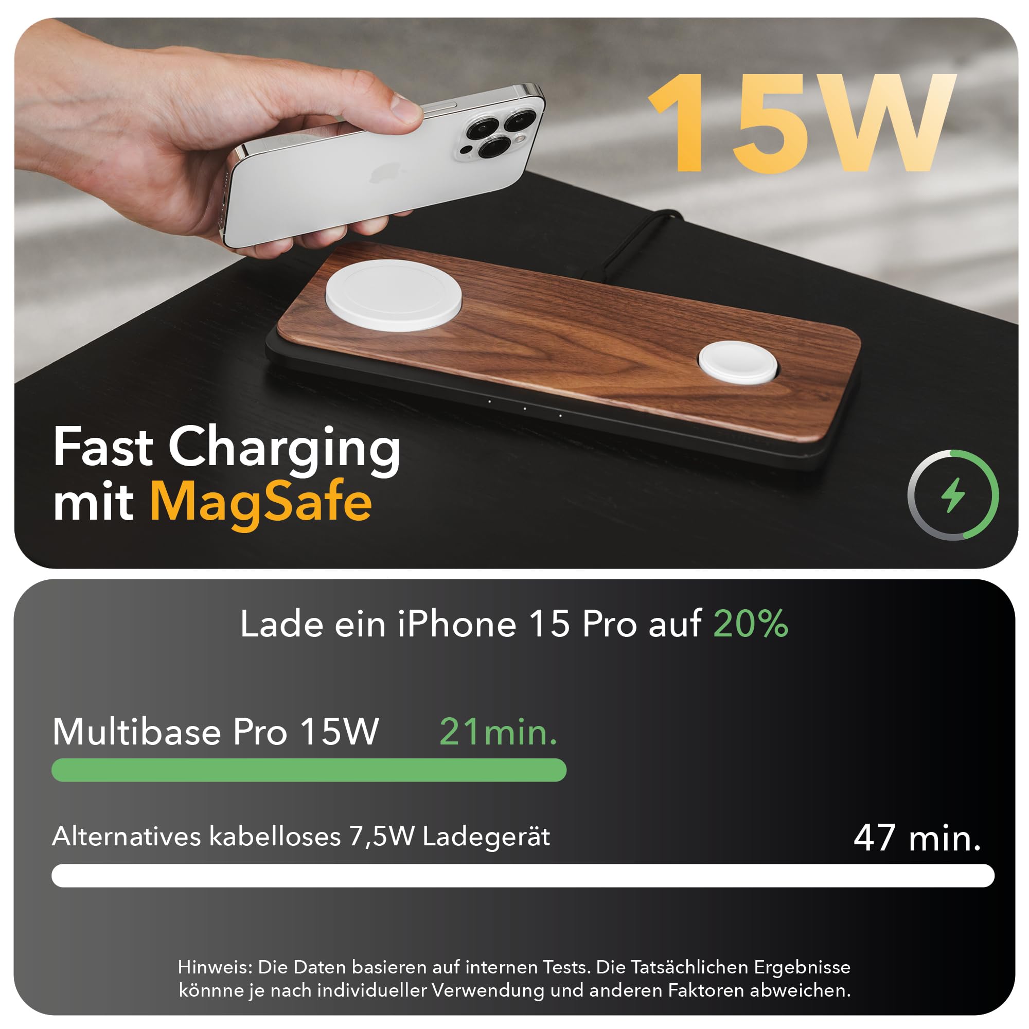 Woodcessories Multibase Pro - Stazione di ricarica 3 in 1 in legno | Magsafe Caricabatterie | Stazione di ricarica induttiva per iPhone, Apple Watch, Air Pods con adattatore da 45 W