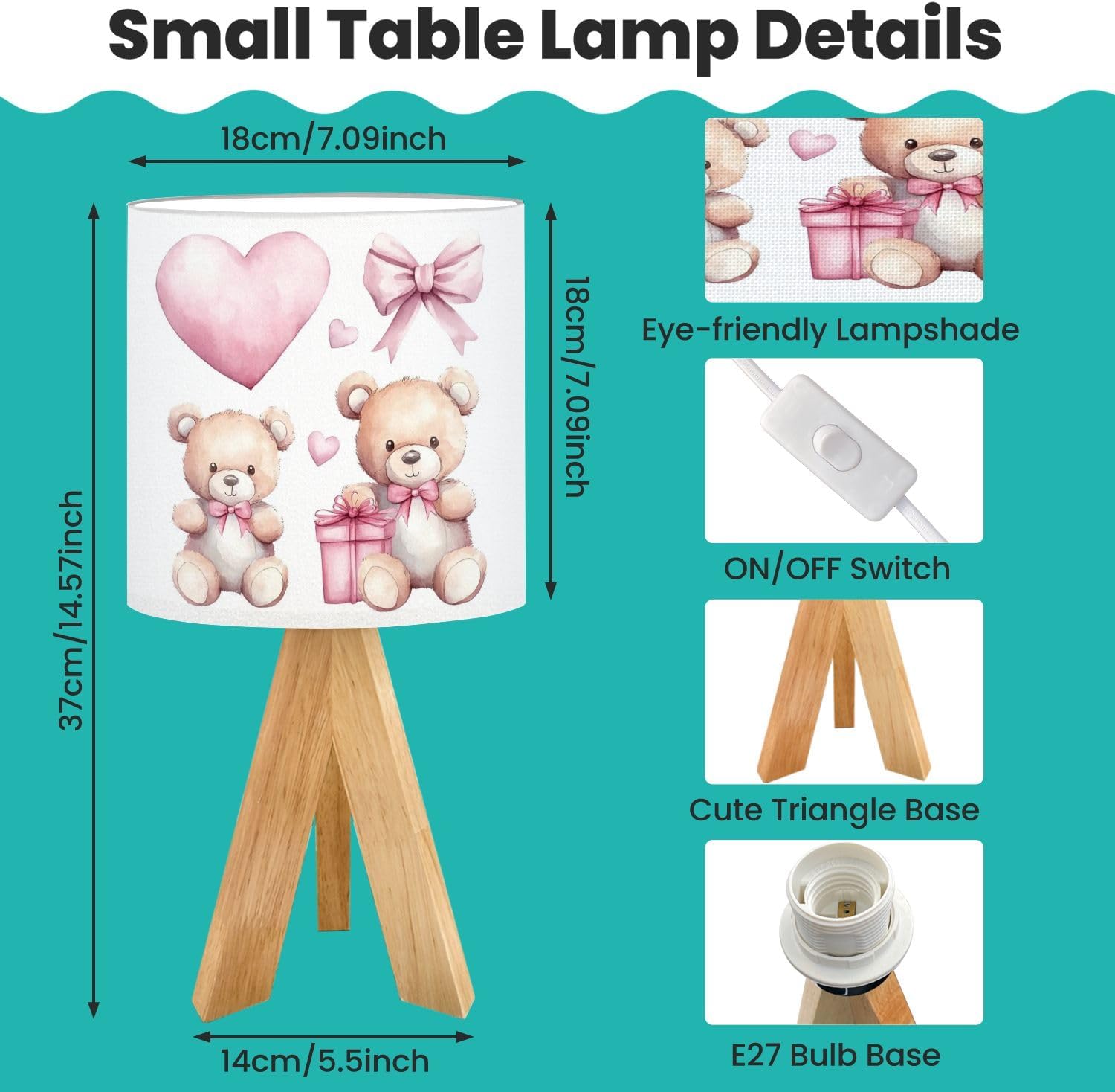 Tripod Bedside Desk Table Lamp Set Teddy Bears Balloon Party Gifts Cute Baby Wood Nightstand Lamp with Linen Fabric Shade for Nursery Bedroom Living Room Kids Room