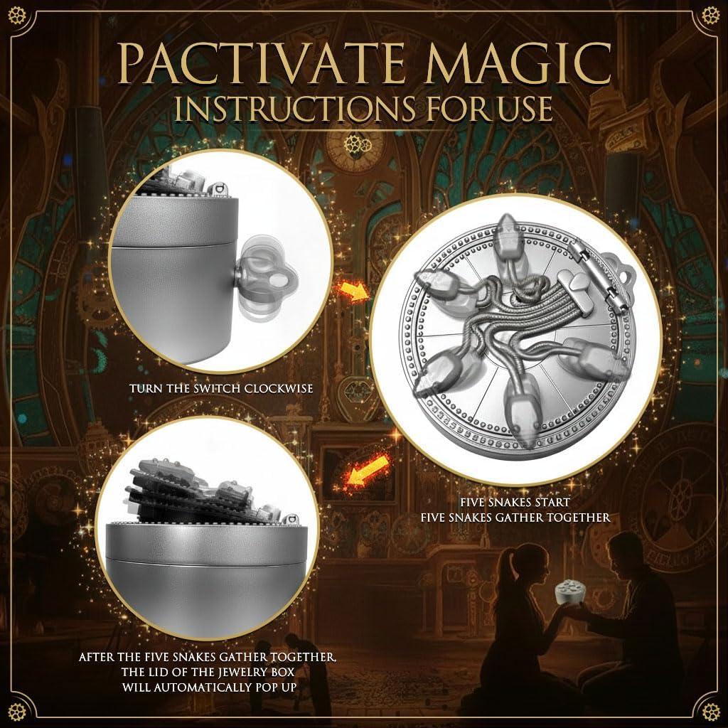 Valentine’s Day Gift Five Serpent Gate Magic Ring Box Jewelry Box with Ring Mechanical Small Ring Case for Movie Collectors for Party Decoration Birthday Christmas Gifts Silver - Image 4