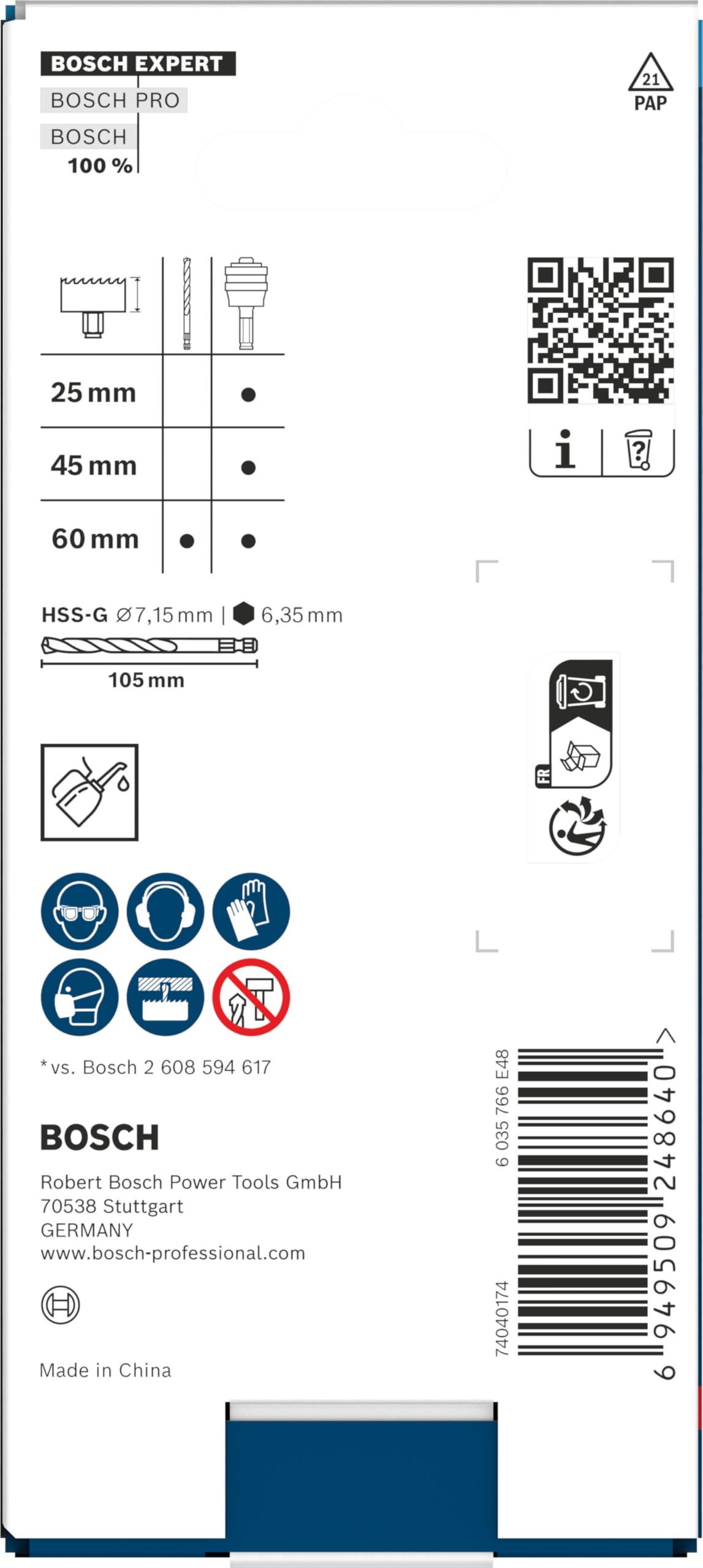 Bosch 2x EXPERT Power Change Plus con broca centradora, broca HSS-G 7,15 x 105 mm (para Tubos y perfiles metálicos, Plásticos, Ø 7,15 mm, Professional Accesorios Taladro)