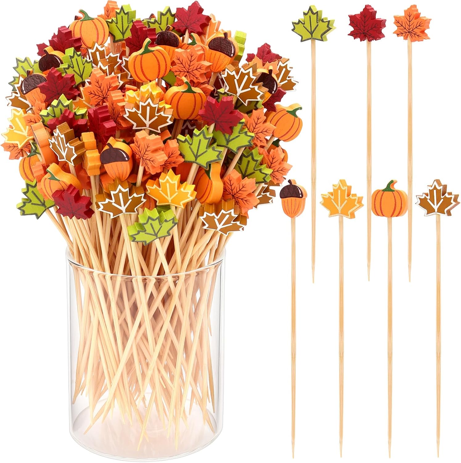 100 Pcs Thanksgiving Toothpicks, 4.72 Inch Fall Cocktail Picks for Appetizers, Maple Leaf Pumpkin Acorn Bamboo Toothpick Skewers for Thanksgiving Day Fall Themed Party Supplies