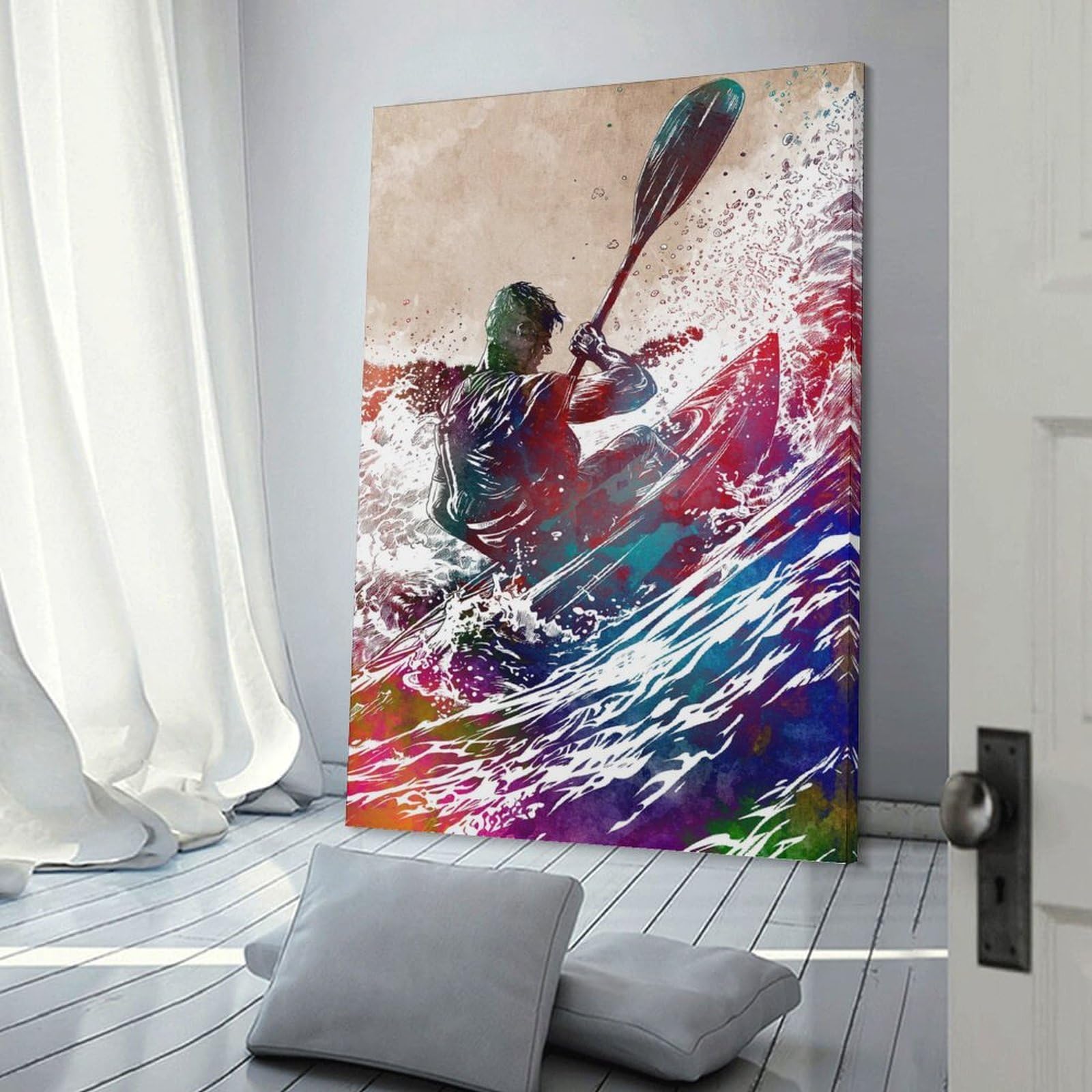 Junmoney Kayaking Watercolor Art Hanging Wall Art 24x36inch(60x90cm), for Work Areas, Reading Rooms Or Studios, Canvas Wall Decor for Creative Rooms