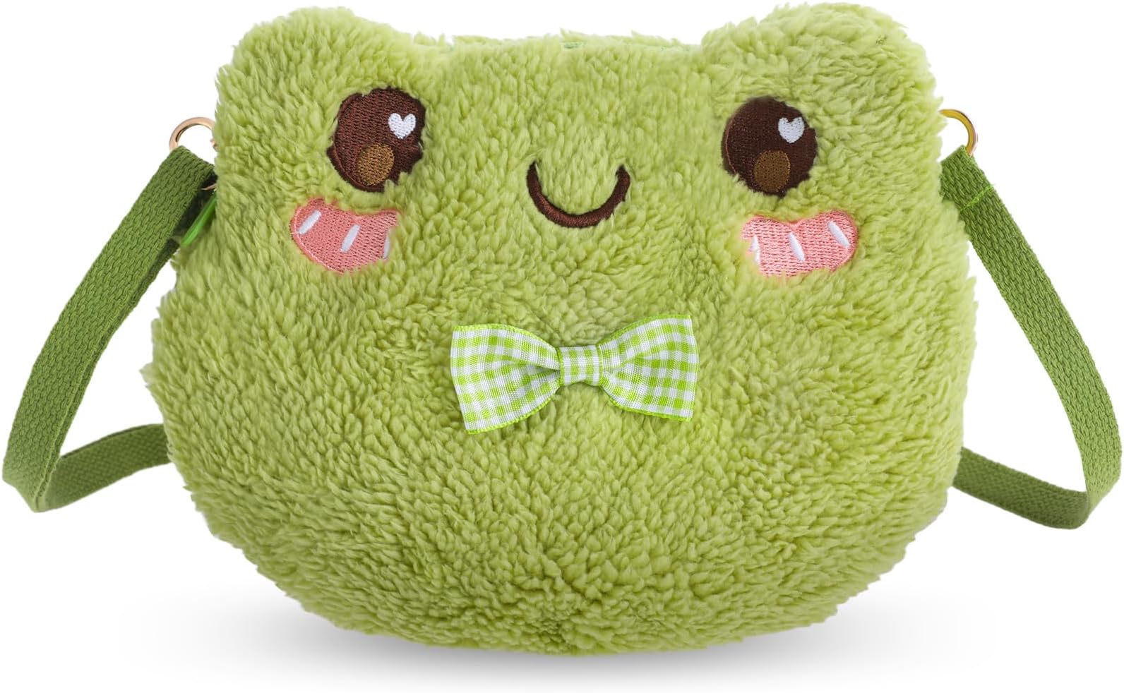 Green Frog Motif Shoulder Bag Cute Plush Purse Backpack Cuddly Toy Zipper Cartoon Shoulder Purse with Removable Shoulder Strap for Children Adults Girls Women Bag, Green