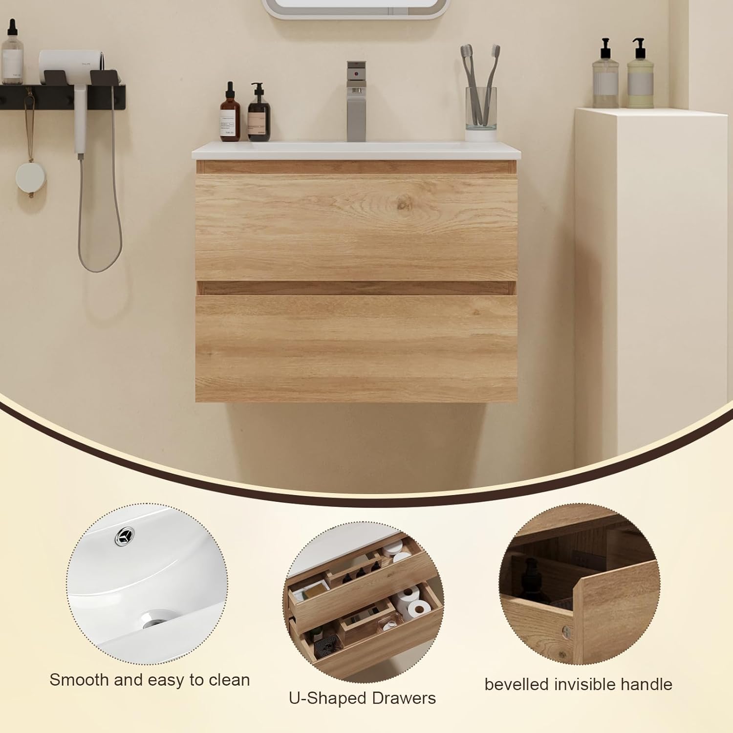 Floating Bathroom Vanity with Sink Wall Mounted Cabinet with 2 Drawers, Moisture-Resistant MDF,Large Storage for Small Space (24")