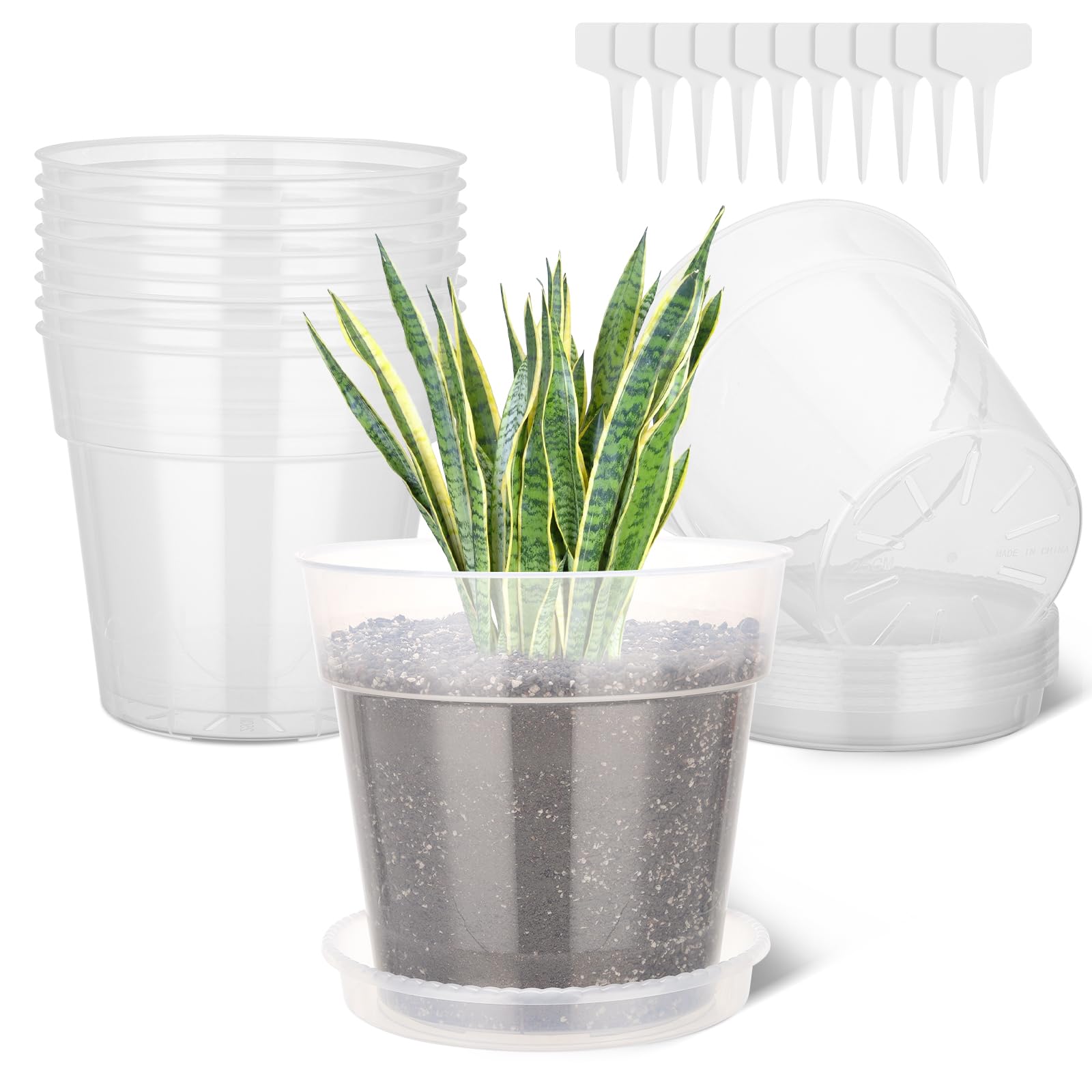 GREANER Lot de 10 grands pots transparents en plastique de 25,4 cm d'épaisseur avec trous de drainage, récipients décoratifs modernes pour intérieur et extérieur avec 10 étiquettes pour plantes