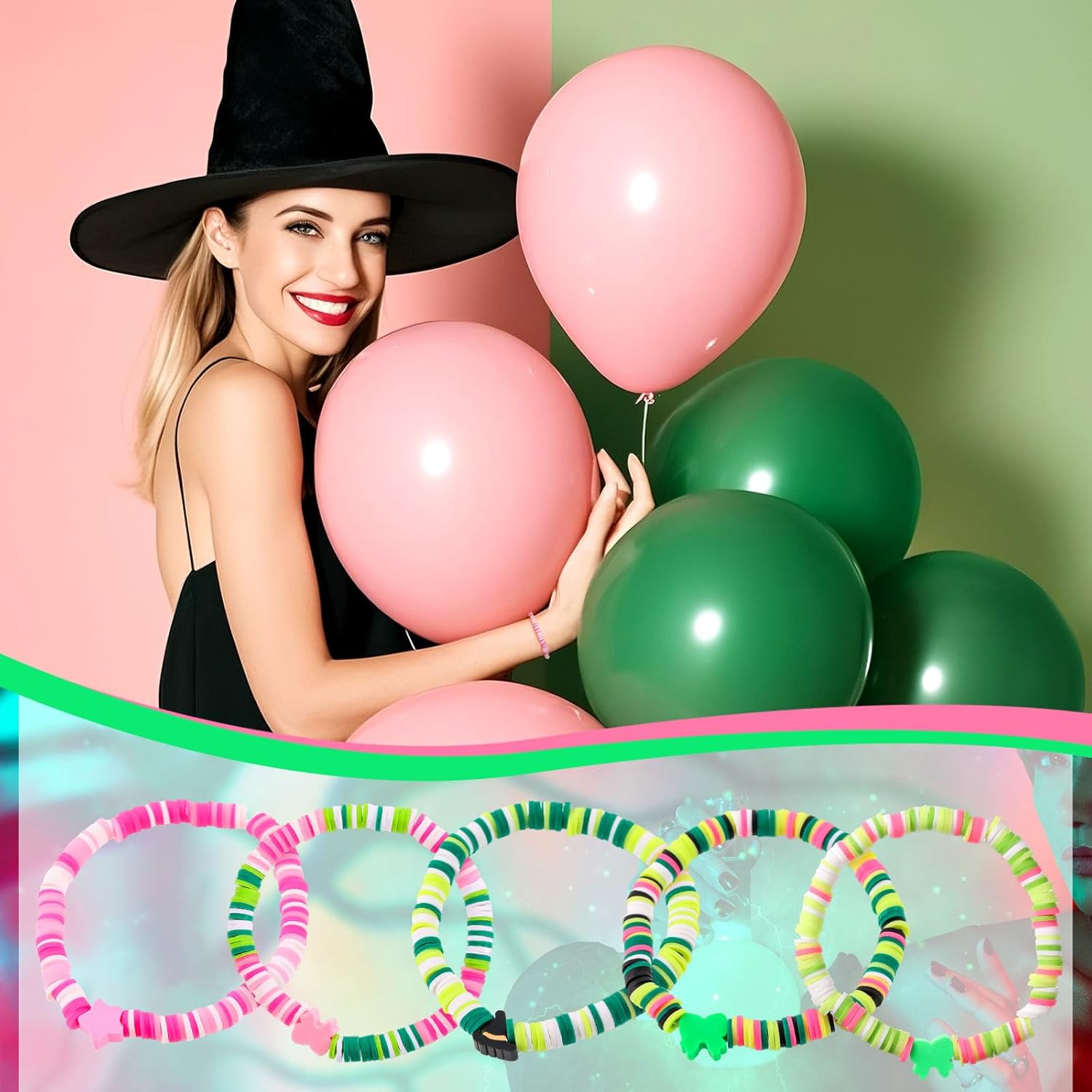 24 Pcs Witch Party Favors Witch Friendship Matching Bracelets Bulk Pink and Green Party Supplies Wizard Hat Princess Clay Beaded Bracelets Accessories for Movie Fans Birthday Woman Gifts - Image 5