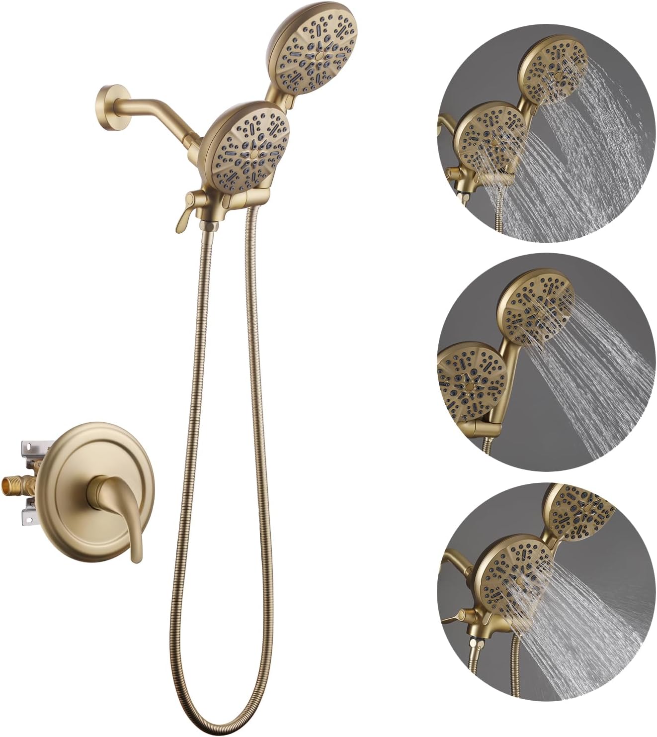 Weshi Dual Showerhead with Handheld Spray, High Pressure 3-Way Rainfall Combo, 7 Modes Shower Head and Handle Sprayer Use Together or Separately, Brass Pressure Balanced Valve Anti-scald Brushed Gold