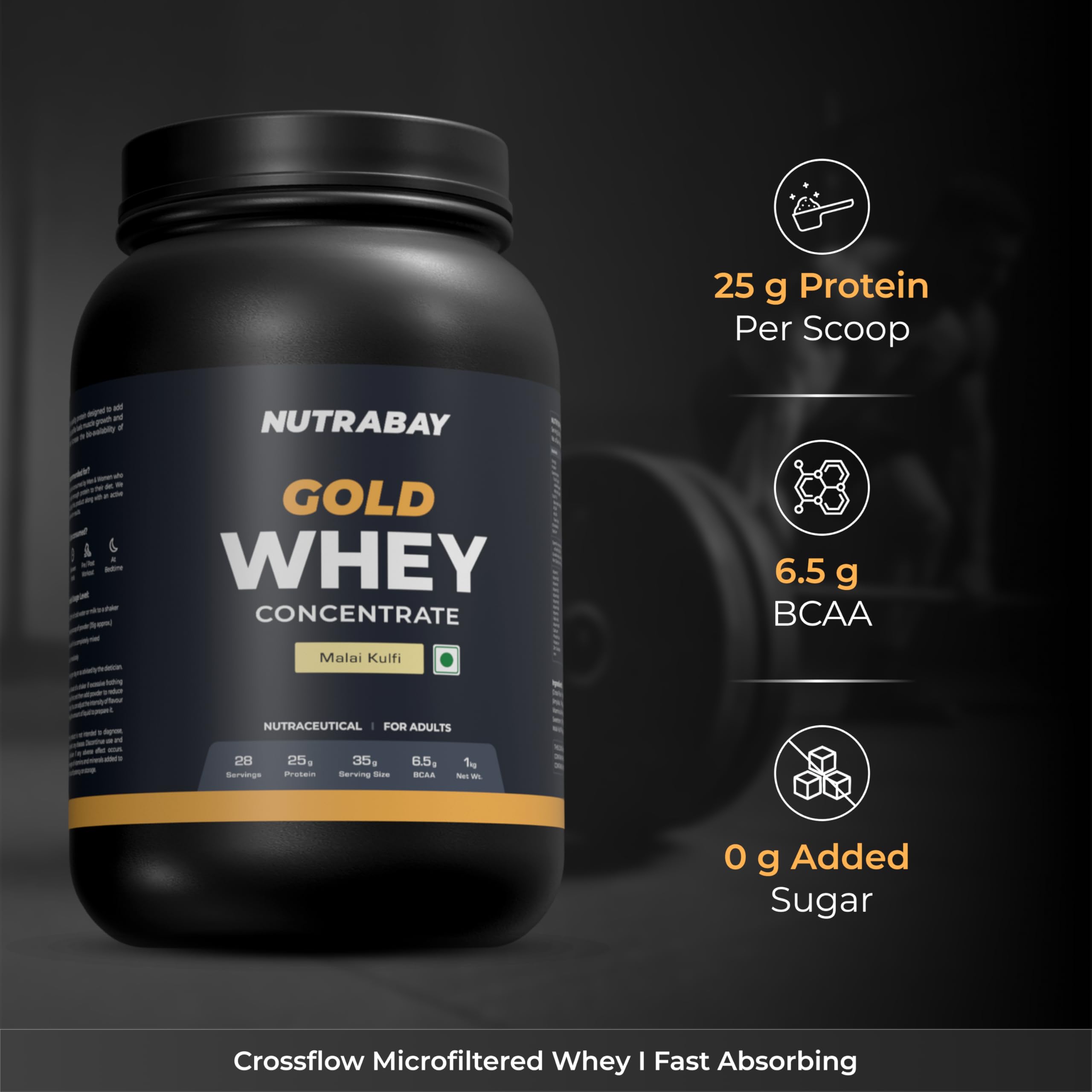 Nutrabay Gold Whey Protein Concentrate with Digestive Enzymes & Vitamin Minerals 25g Protein – Muscle Support & Recovery – 1kg, Malai Kulfi | Trustified Certified Authentic 1