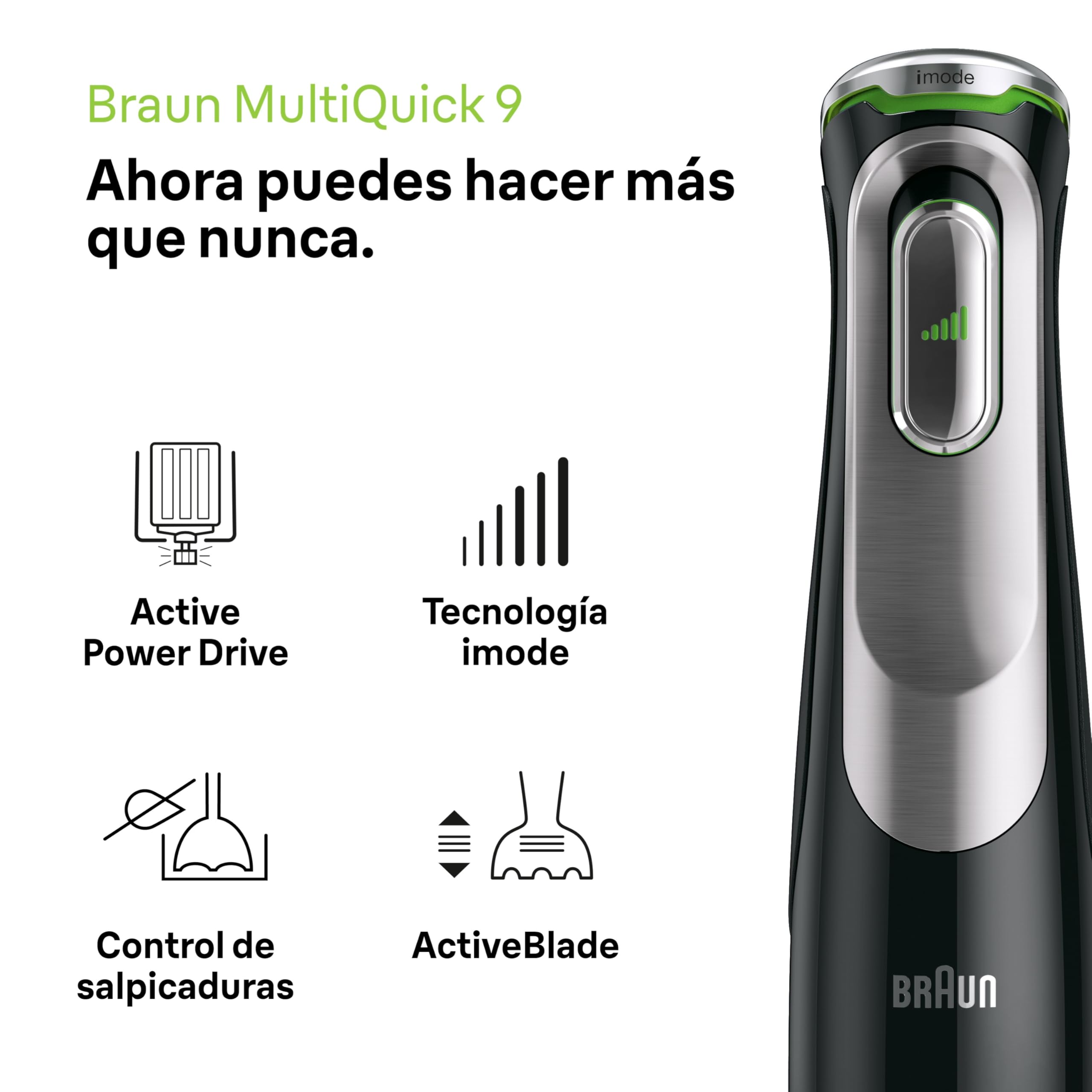 Braun Minipimer 9 - Batidora de Mano con Tecnología Anti Splash, Selección Precisa de Velocidad, Active PowerDrive, Procesador de Alimentos 1,2L, Picadora, Vaso 600 mL, 1200 W, Negro (MQ9187XLI)