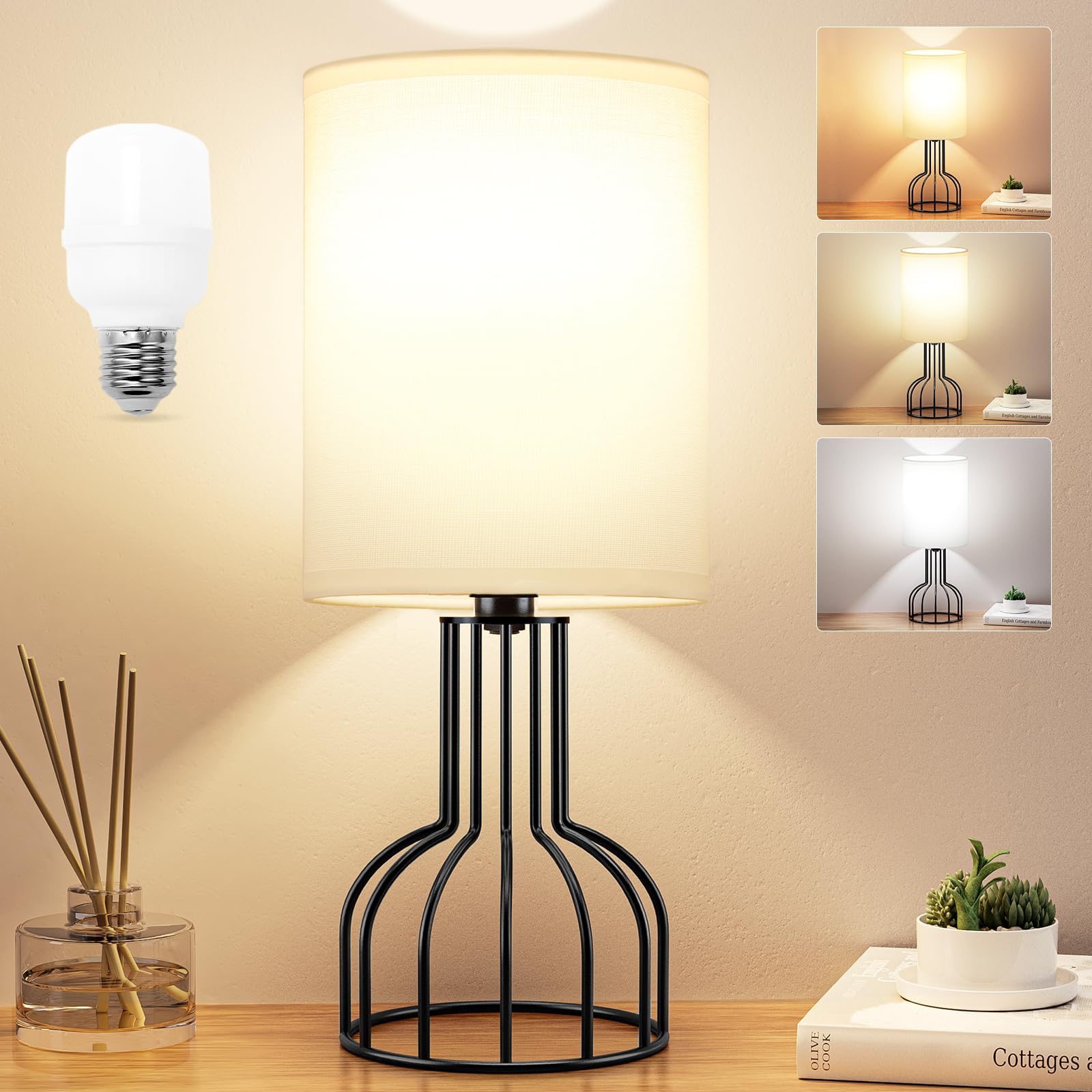 Bedside Table Lamp with 3 Color Modes-3000K-4000K-5000K Nightstand Lamp with Simple Black Metal Base and White Fabric Shade for Kids, Living Room，Bedroom (LED Bulb Included)