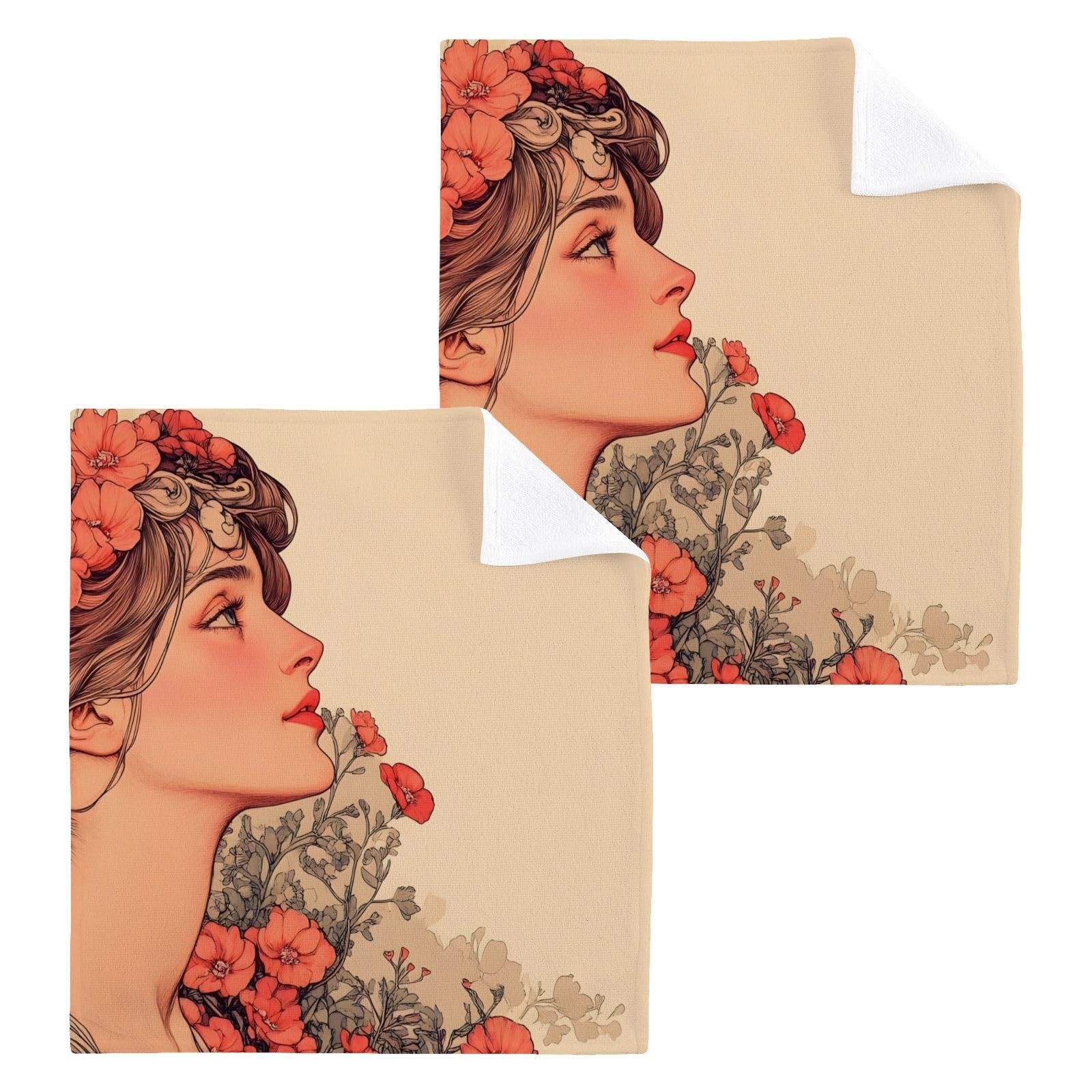 YANENDIE Vintage Woman Flower Washcloths Towels, Highly Absorbent and Soft Cotton Face Cloths, 2 Pack Quick Dry Wash Cloths - 12 X 12 Inches