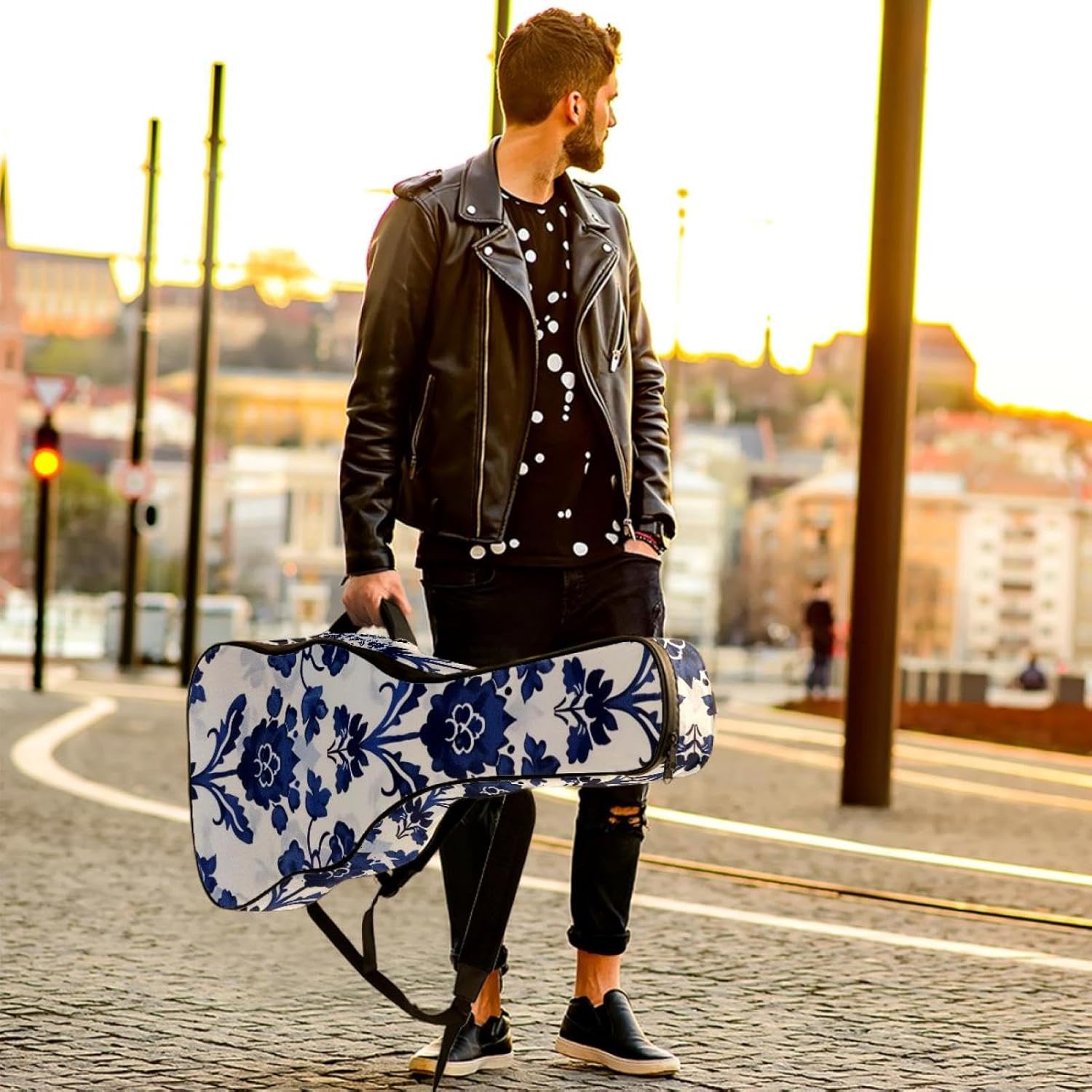 Acoustic Guitar Gig Bag 1 cm Thick Padding, Waterproof Electric Guitar Bag 40-42 Inch Guitar Case Backpack with Dual Shoulder Strap, Navy Blue Flower Texture