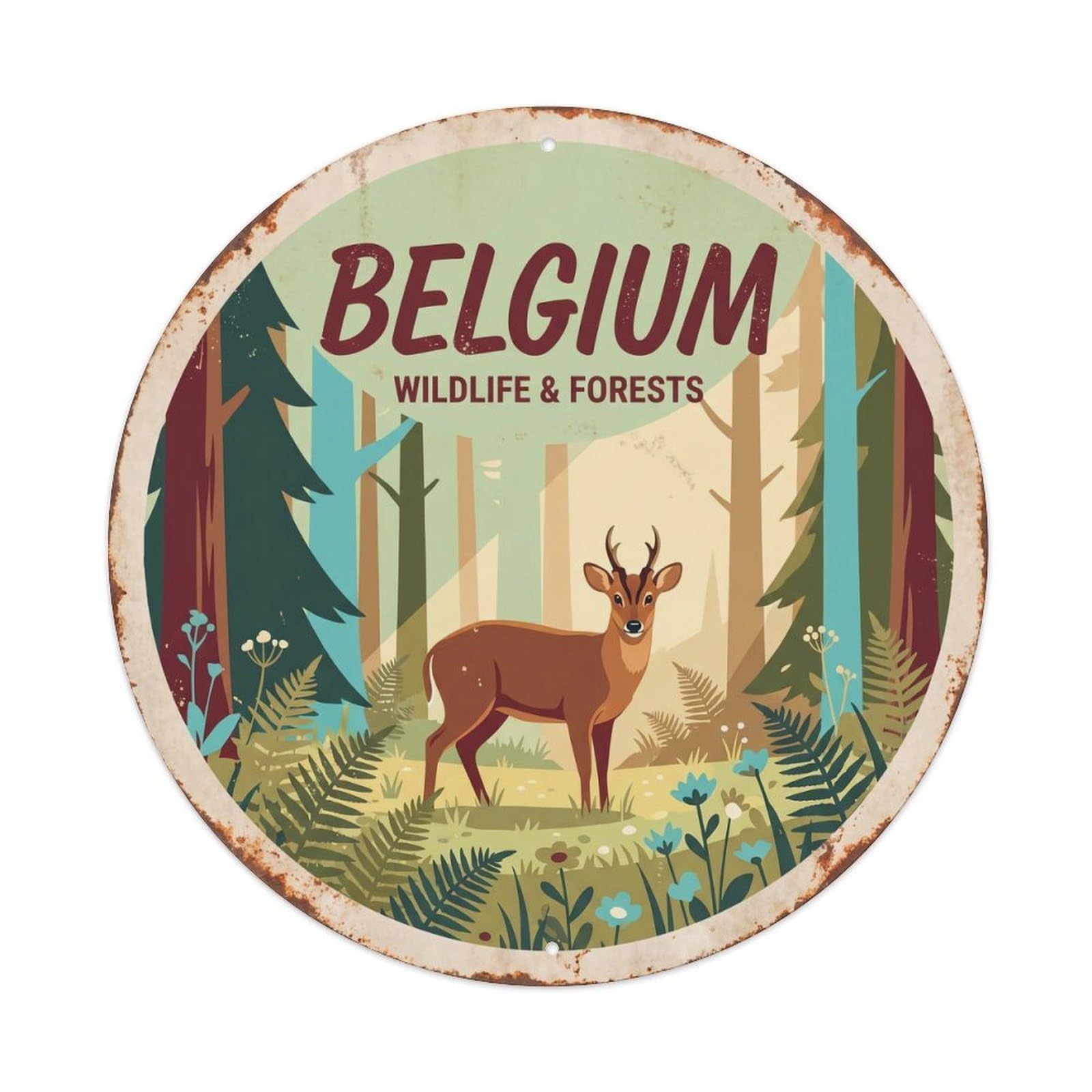 Yrnq 8X8inch Vintage Style Belgium Muntjac Forest Clearing Metal Tin Sign