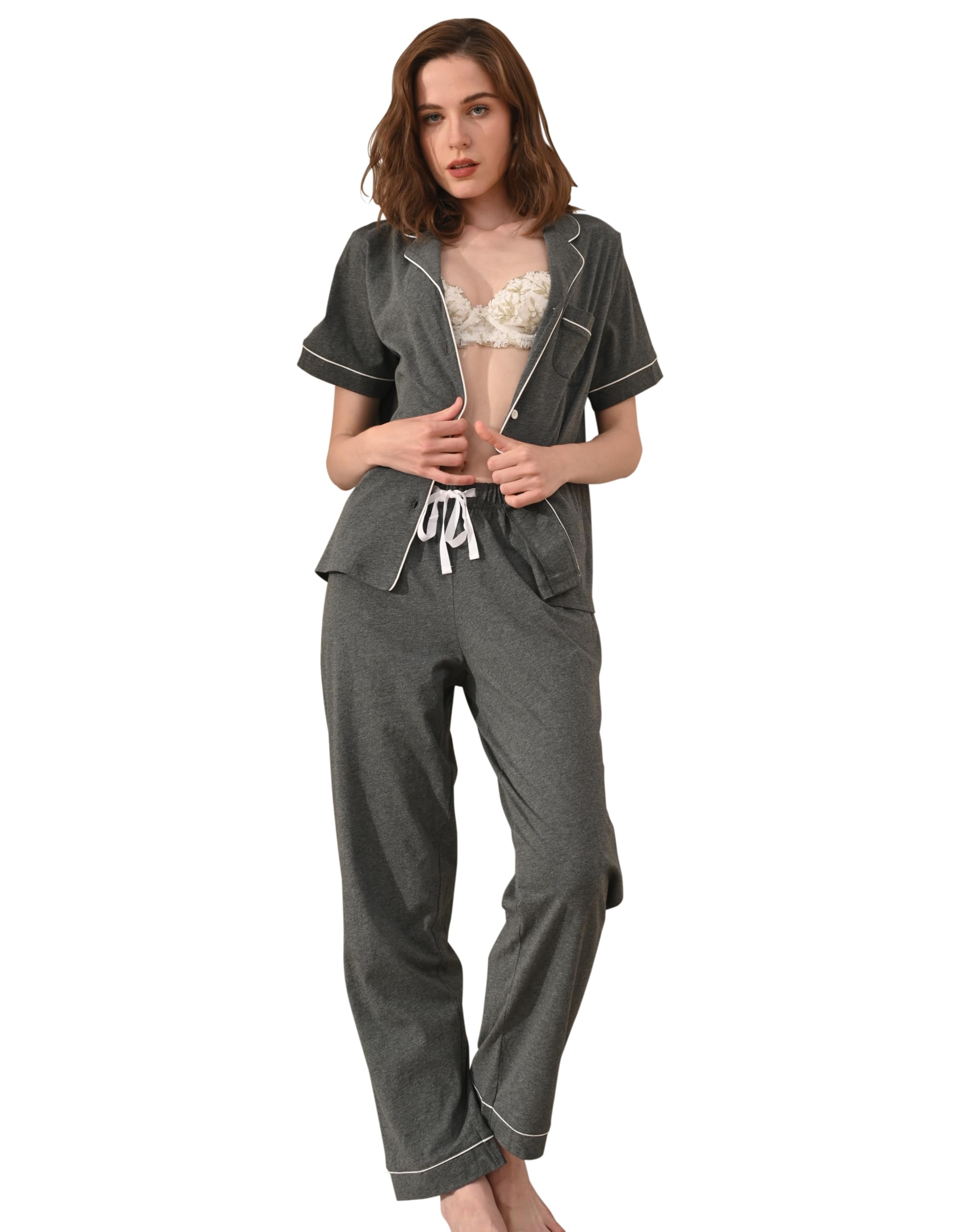 NAP BOUND 100% Cotton Women's Pajama Sets Short Sleeve Button Down Soft Pjs 2 Piece Lounge Set with Pocket Nightwear XS-XXL