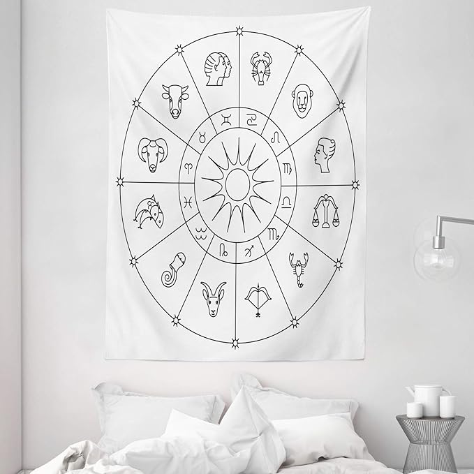 Ambesonne Astrology Tapestry, Sketchy Zodiacal Circle with Astrology Signs Aries Aquarius Pisces Lion Art, Wall Hanging for Bedroom Living Room Dorm Decor, 60