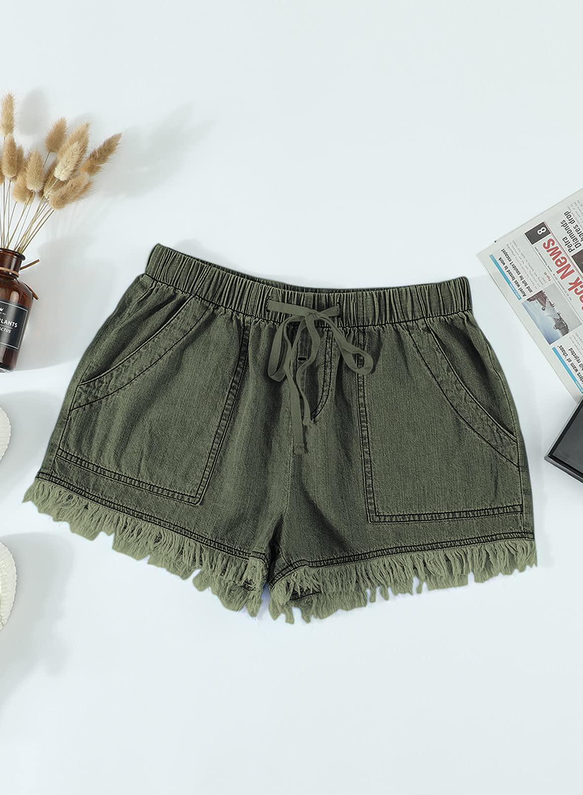 Short d'Été Décontracté en avec Cordon Et avec Poche pour Femme Short en Jean Décontracté à Franges pour Femme Couleur Unie Short Plage
