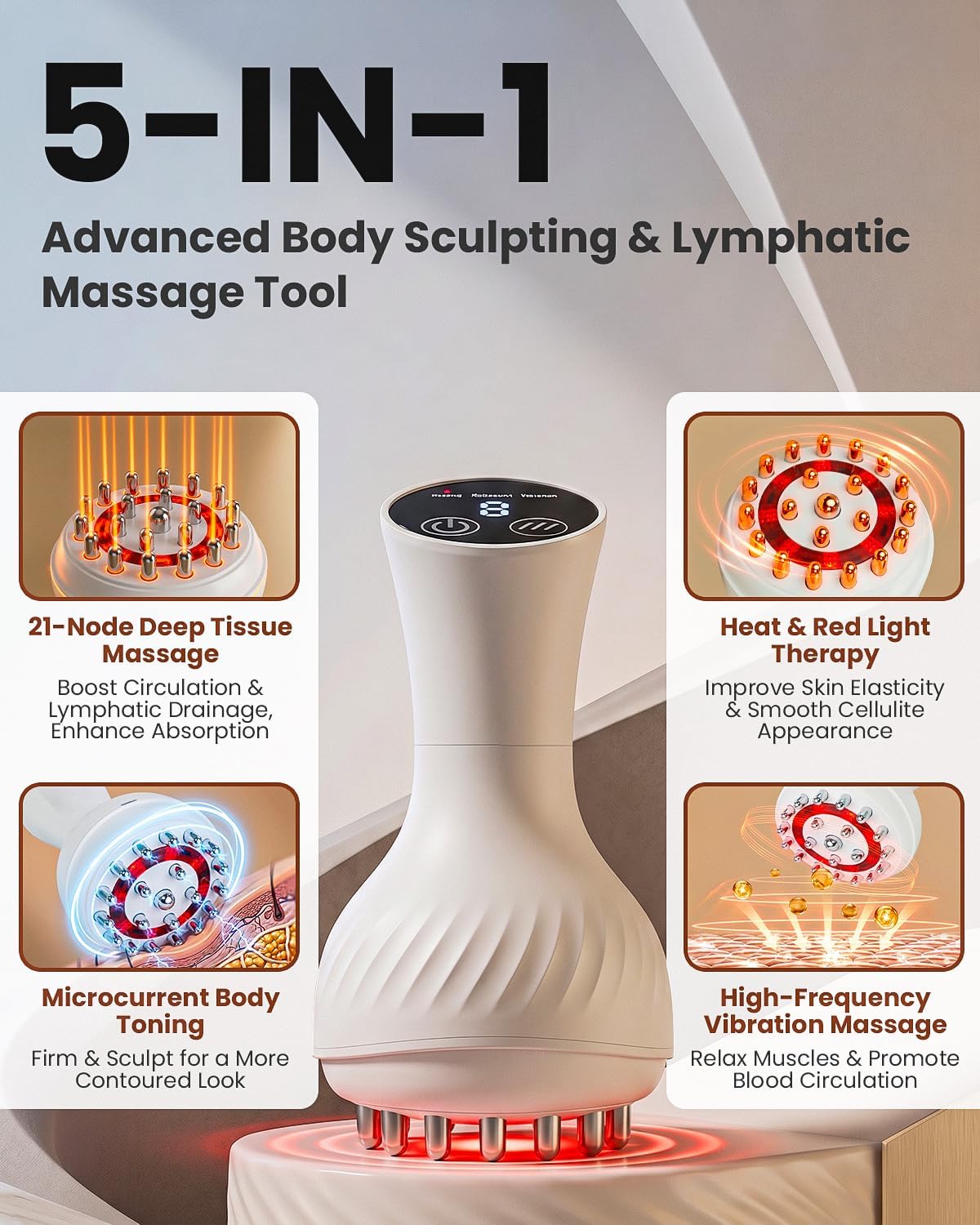 Lymphatic Drainage Massager, Anti Cellulite Body Tool with Heat, Vibration, Microcurrent & Red Light, Body Sculpting Device for Arms Legs Belly, Includes Lavender & Eucalyptus Essential Oils