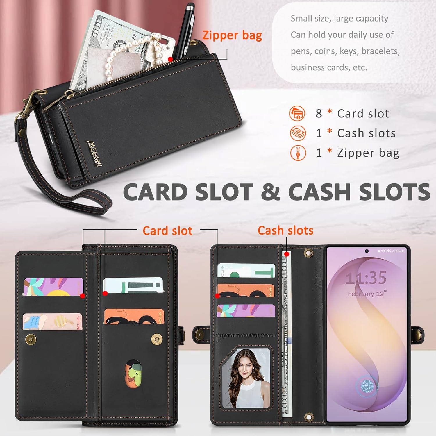for Samsumg Galaxy S26 Ultra Wallet Case, Detachable Magnetic Phone Case,Faux Leather Strap Wallet,with RFID Blocking,Zipper Card Holder,Shoulder Straps (Black)