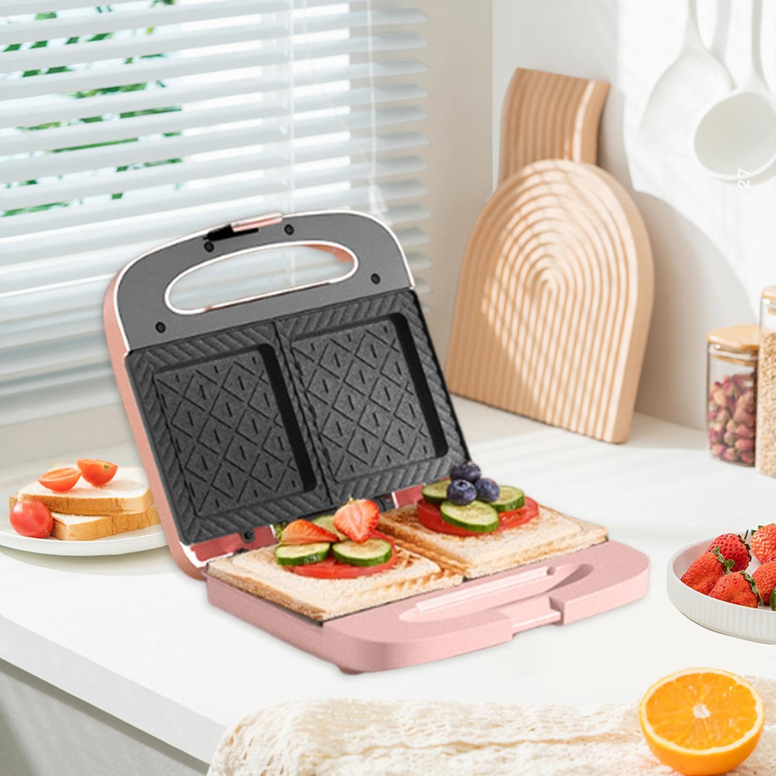 Tostapane per Sandwich Macchina per La Colazione Griglia Elettrica Piastra per Panini Portatile E Compatto con Maniglia Ergonomica Adatto per Viaggi E, Rosa
