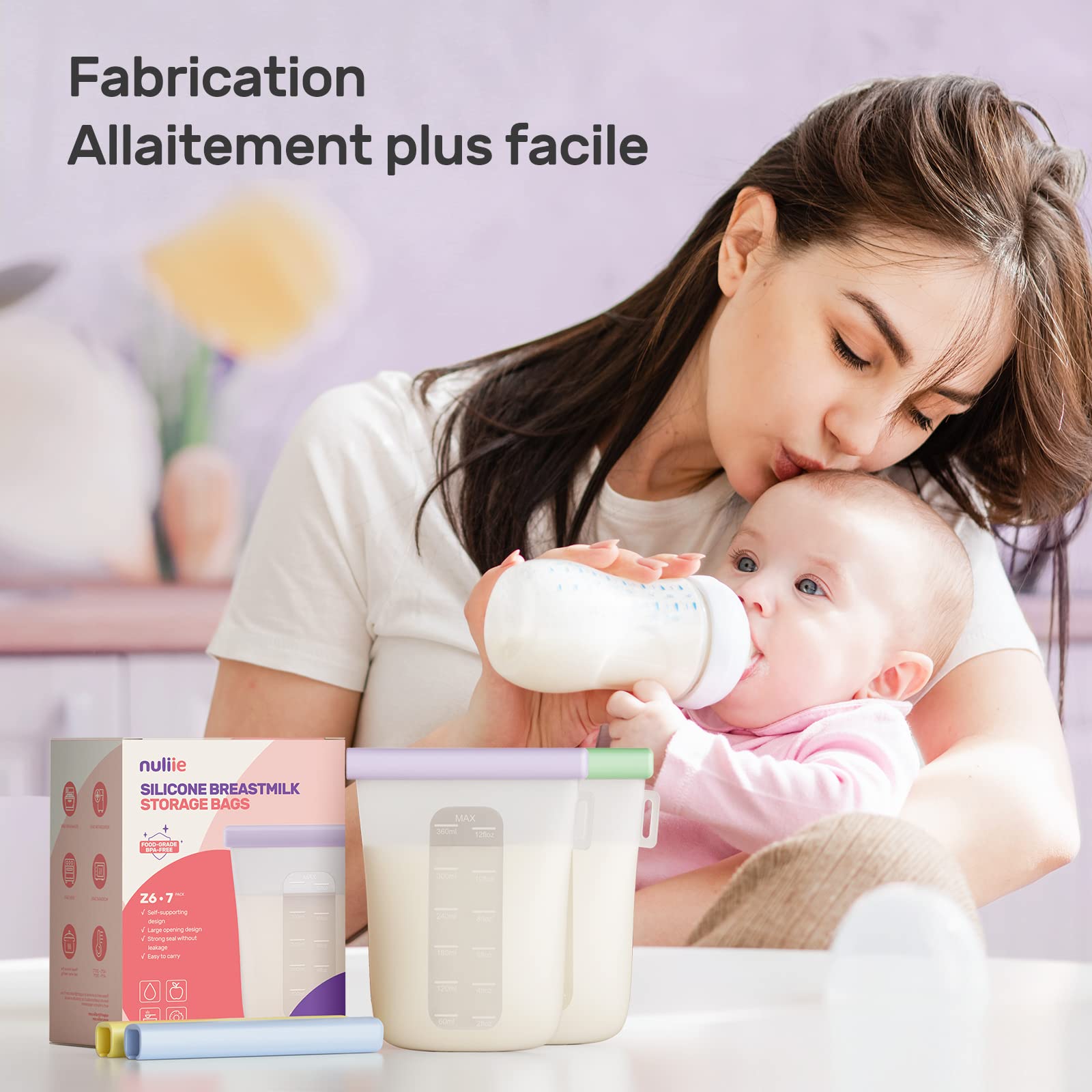 Nuliie Silicone Sachet Conservation Lait Maternelle Lot de 7, 12oz/360ml Doublement Étanches Sac Congelation Lait Maternel, Sans BPA Sacs à Lait Autoportants pour L'allaitement