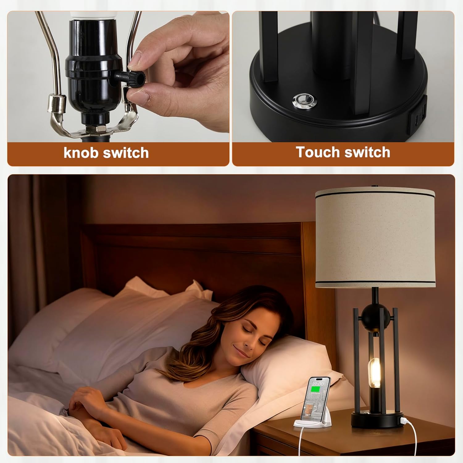 25'' Farmhouse Table Lamps for Living Room Set of 2 with USB C+A Ports, Vintage Bedside Lamp for Bedroom, Touch Lamps for Nightstand, Dual Lights Independent Switch, 4 Bulbs Included, Black