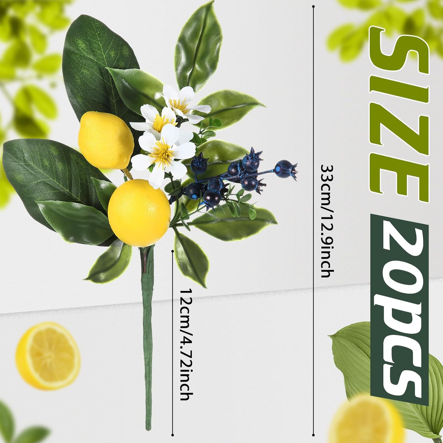 Giegxin 20 Pcs 12.9 inch Artificial Lemon Blueberry Branches with Lemon Blueberry and Green Leaves Branches Spring Decoration for Vase Kitchen Centerpiece Garland Table Party Home and Wedding Flower
