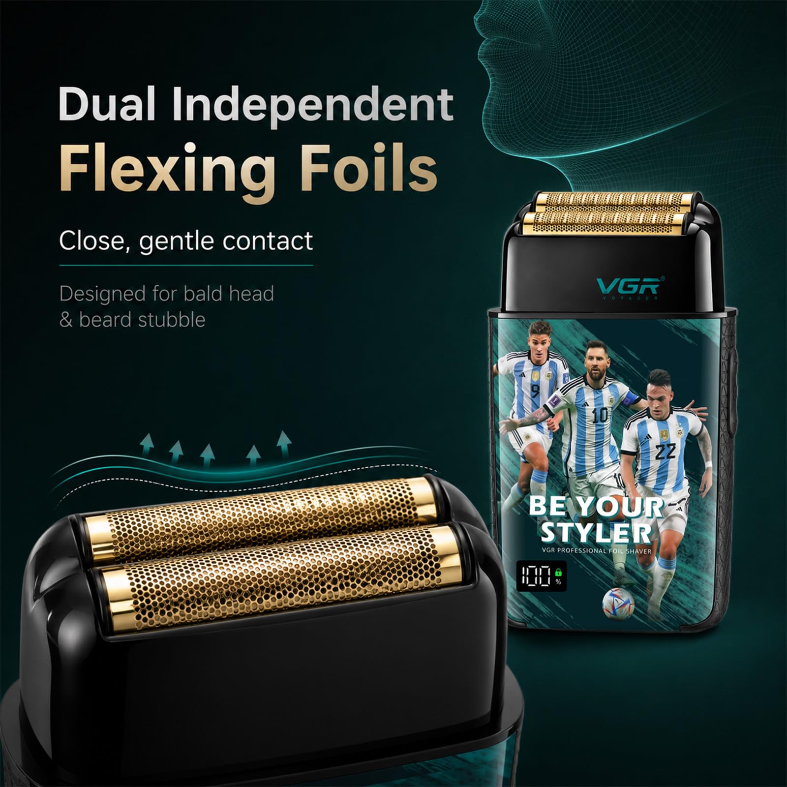 VGR Afeitadora eléctrica 309 para hombres, maquinilla de afeitar profesional recargable de 3 velocidades con láminas flexibles independientes duales, afeitadora inalámbrica impermeable IPX6 para barba