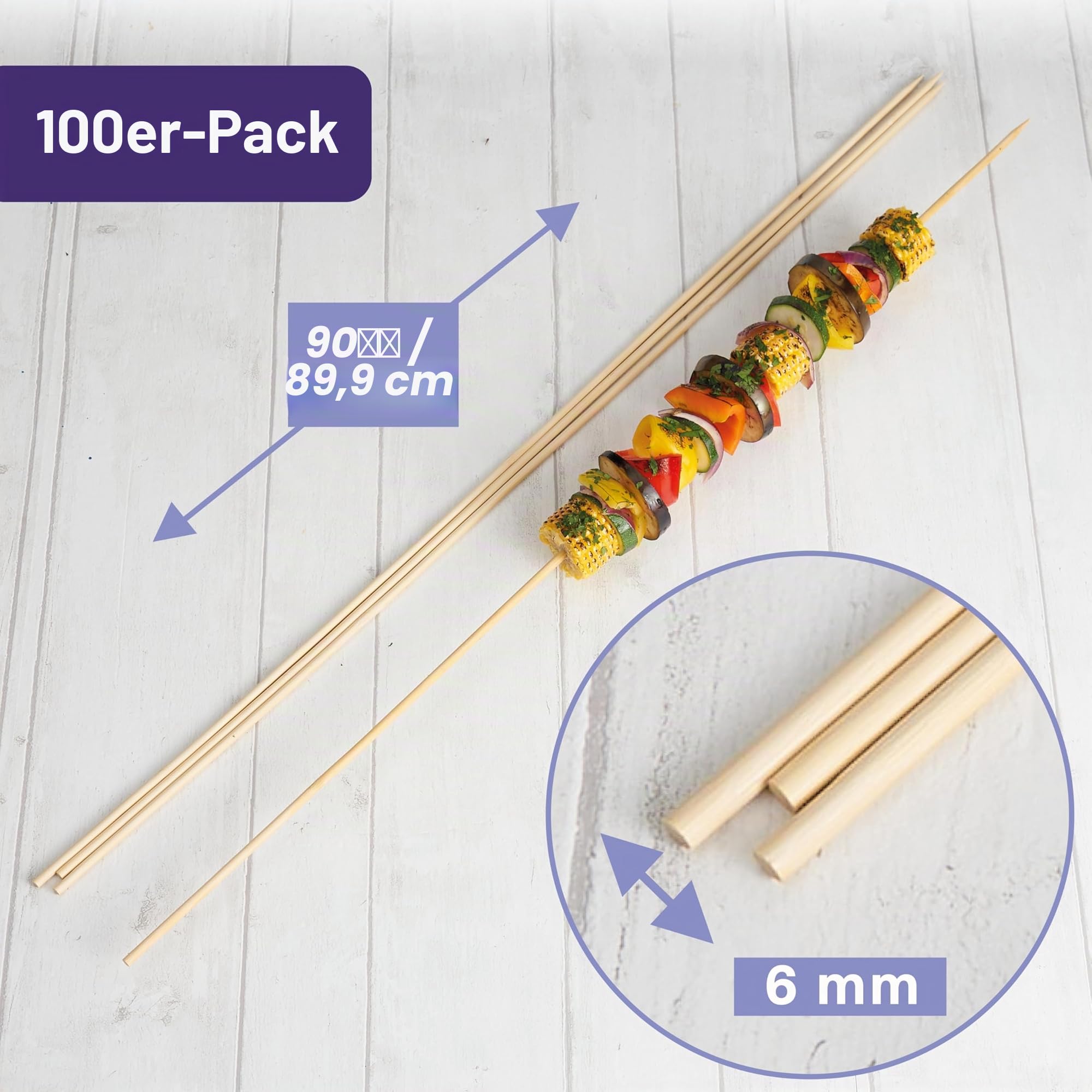 MATANA 200 Stück XXL Holzspieße, Stockbrot Spieße, Marshmallow Spieße, 90cm (0,6cm/6mm Dick) - Lange Grillspieße - Schaschlik, Marshmallows, Lagerfeuer - Stabil & 100% Natürlich