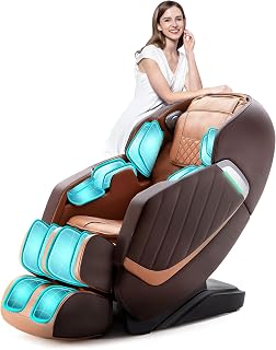 HealthRelife Massagesessel für den ganzen Körper Intelligenter Massagestuhl Zero Gravity 3D-Robotische Hände mit SL-Schiene Relaxsessel Bluetooth-Lautsprecher Braun