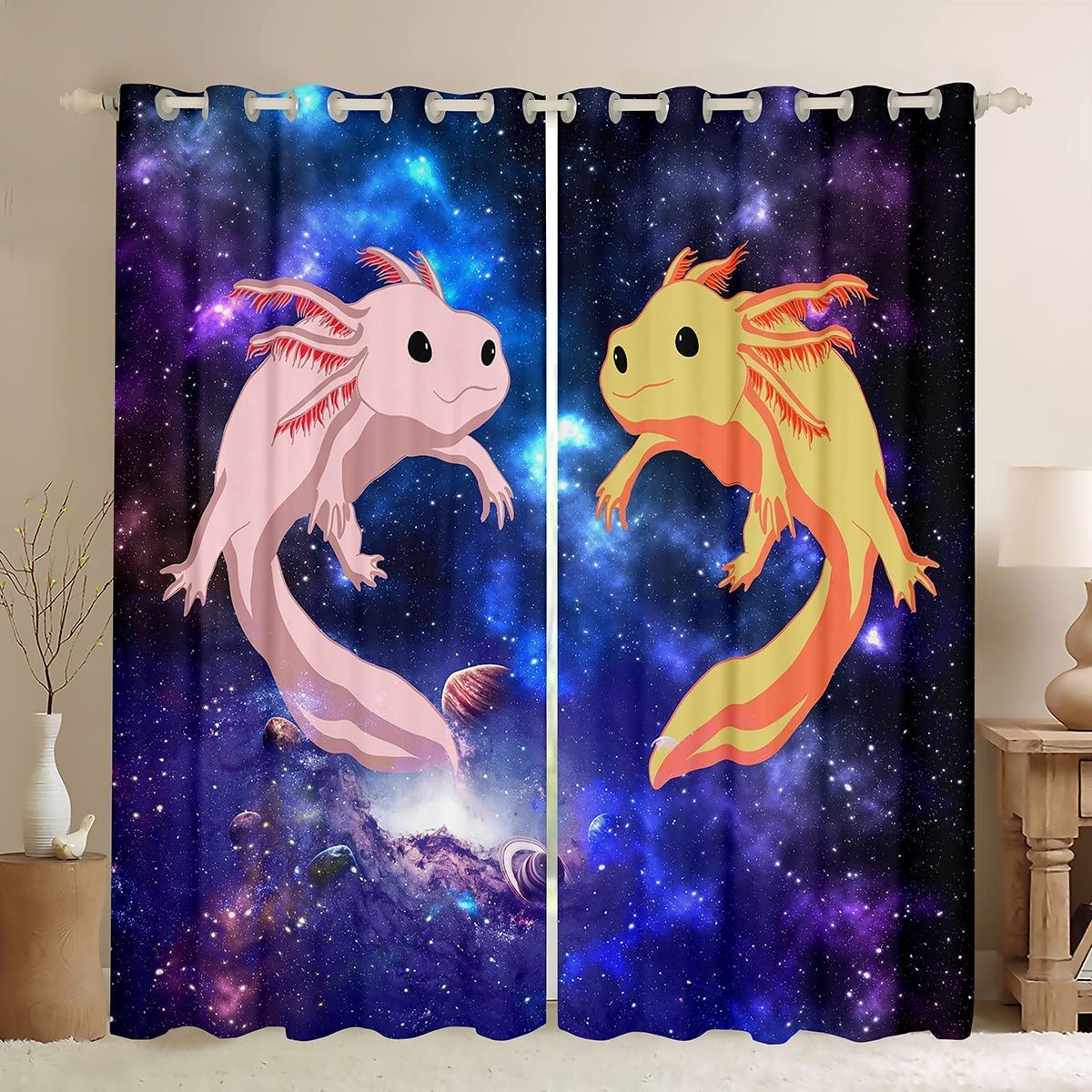 Loussiesd Cute Axolotl Window Drapes Galaxy Axolotl Curtains for Kids Boys Girls Universe Outer Space Blackout Curtain Coastal Axolotl Window Treatments W52*L63 — image 1
