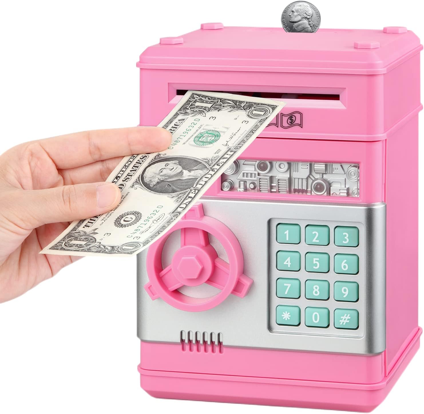 Fresh Friend Piggy Bank for Girls Boys, Electronic ATM Machine Saving Box Coin Safe with Password Lock, Auto Scroll Paper Money Bank, Gift Toys for 5 6 7 8 9 Year Old Kids (Pink)
