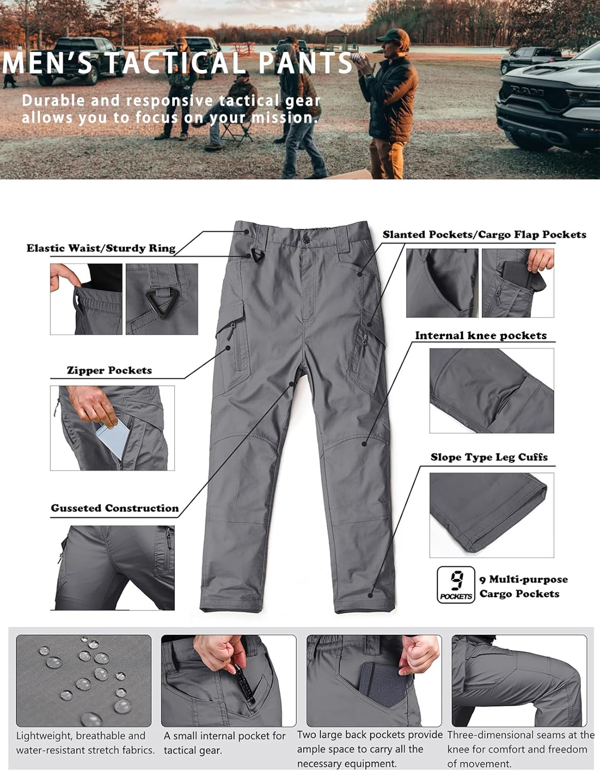 Men's Ripstop Tactical Pants Water Resistant Stretch Cargo Pants Lightweight EDC Hiking Work Pants - Image 6