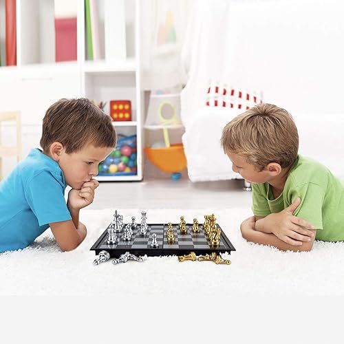Miniatura 9 de AMEROUS Juego de ajedrez de viaje Magetic de 10 pulgadas, juego de ajedrez plegable portátil de plástico con piezas de ajedrez doradas y plateadas,