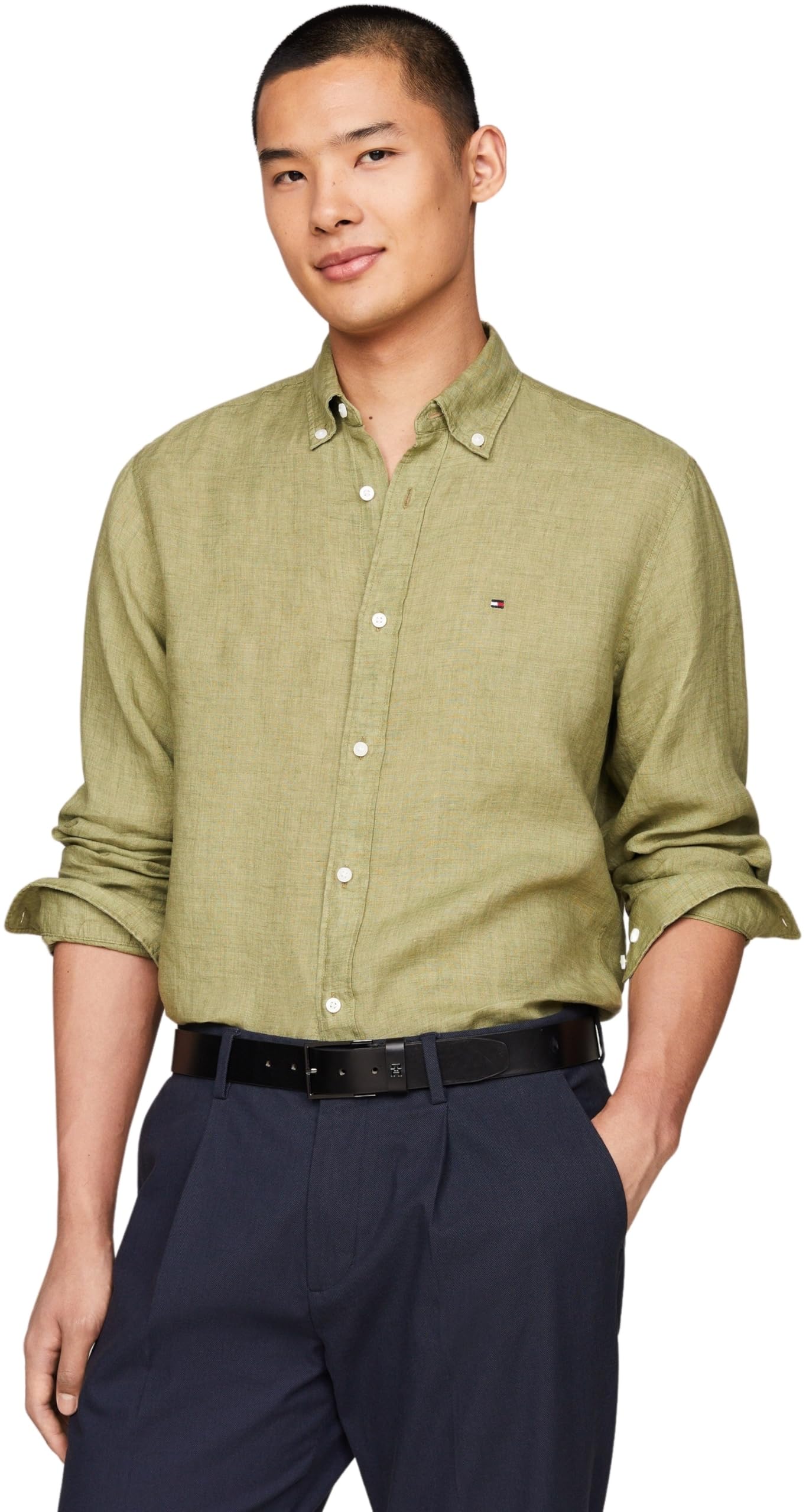 Tommy Hilfiger Men's Pigment Dyed Li Solid Rf Shirt Mw0mw34602 Casual Shirts, Green (Faded Olive), XS