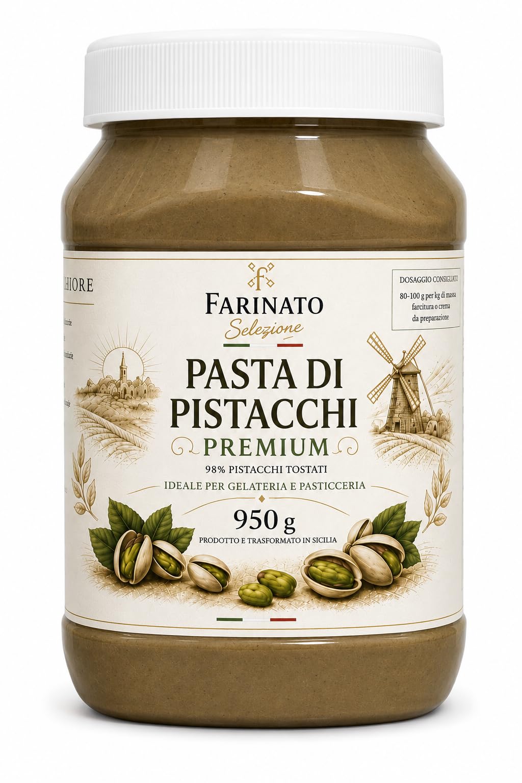 FARINATO Pasta di Pistacchio Premium 950g – 98% Pistacchi Tostati – Alta Percentuale – Semilavorato per Gelateria e Pasticceria – Prodotto e Trasformato in Sicilia