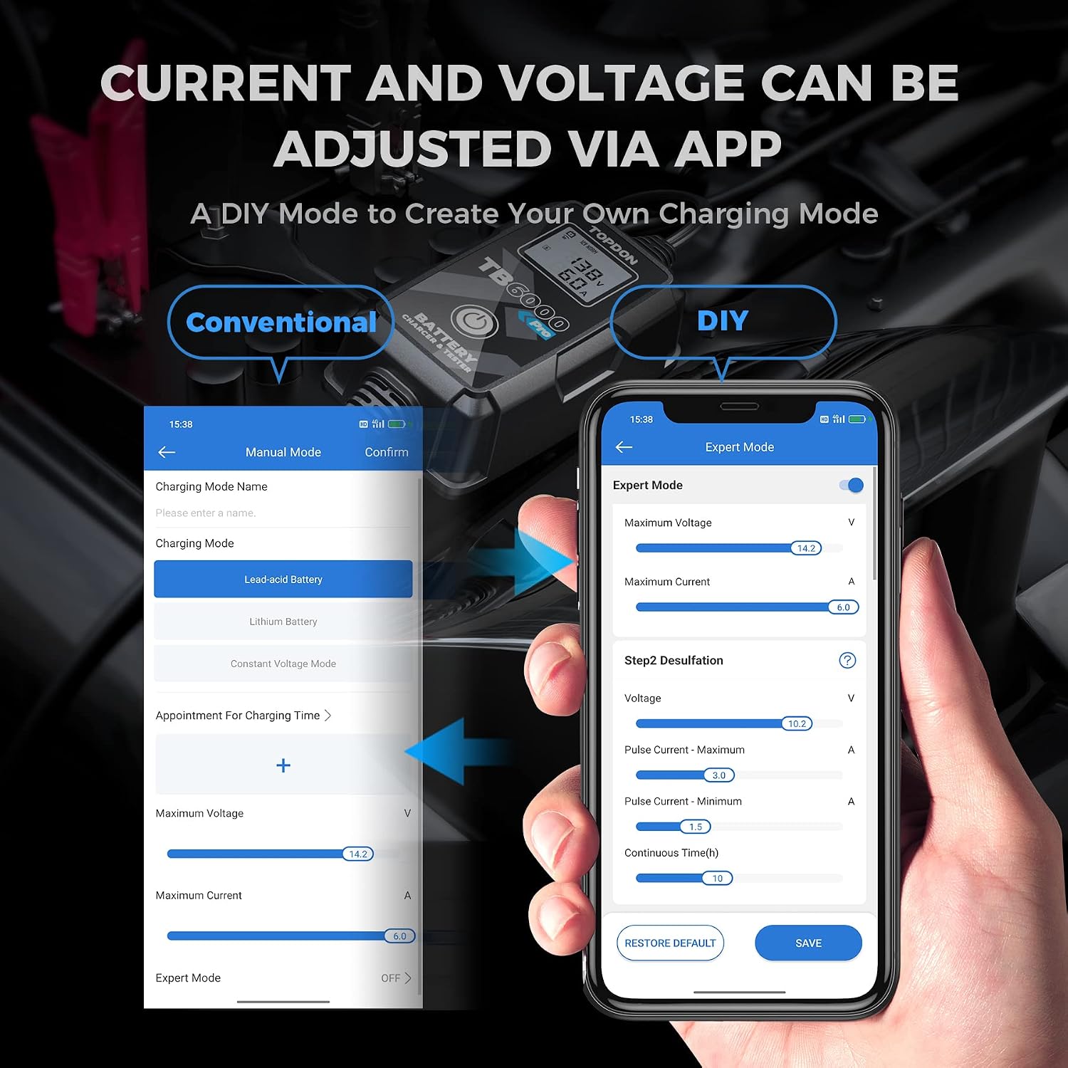 Screenshot of the TOPDON TB6000Pro app showing adjustable current and voltage settings.