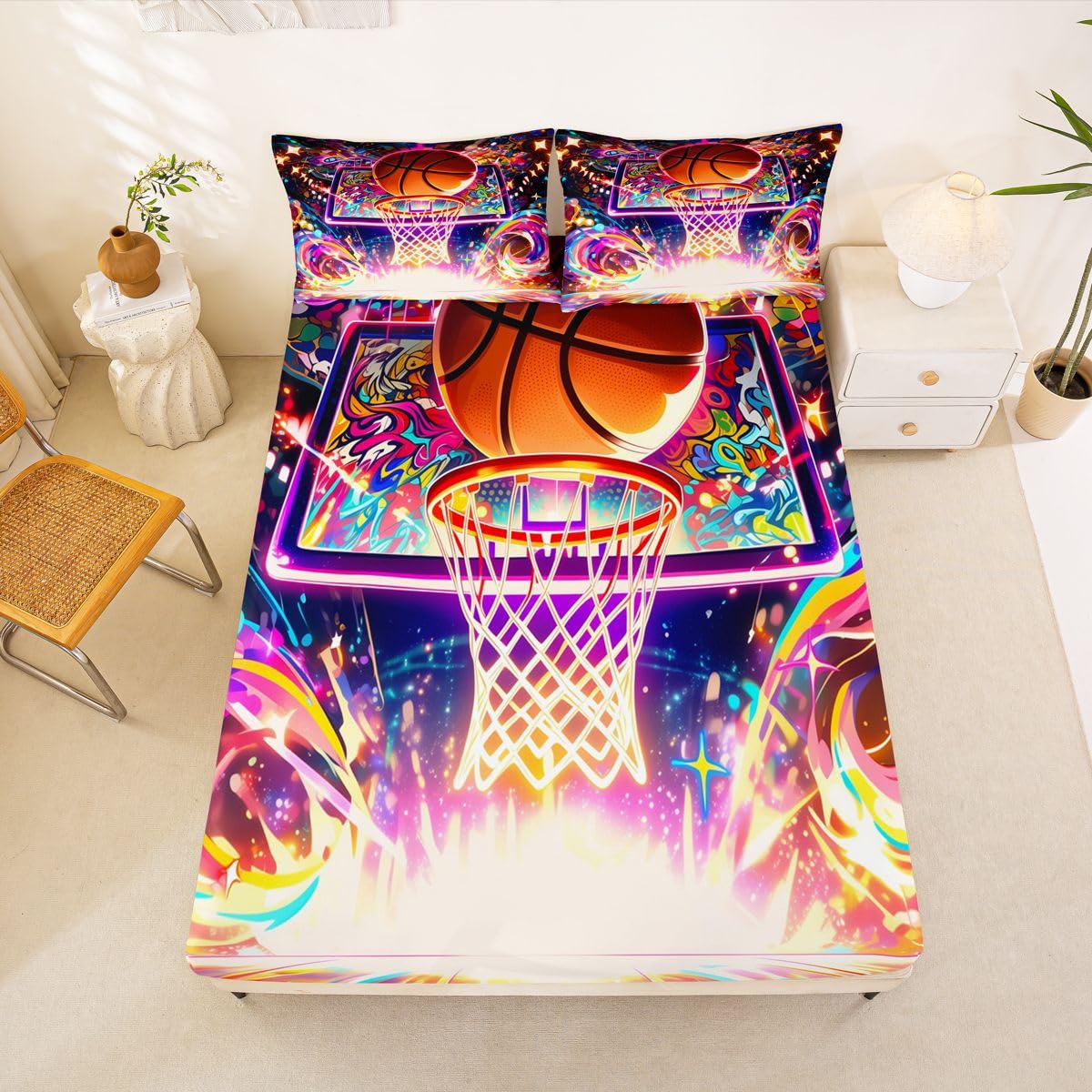Homewish Neonowe prześcieradła do koszykówki, podwójne, kolorowe, graffiti, zestaw pościeli, fajny zestaw pościeli do koszykówki, sport, piłka dla graczy, dopasowane, płaskie prześcieradła, 4 sztuki