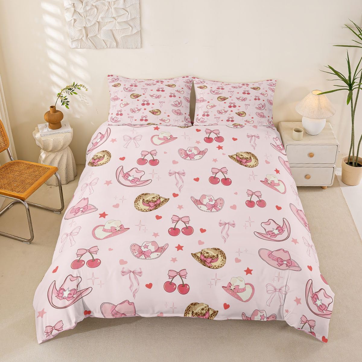Homewish Set di biancheria da letto Kawaii con copripiumino per letto super king size, con fiocco, cowgirl western, per bambini, adolescenti, ragazze, graziosi cuori, stelle, cowboy