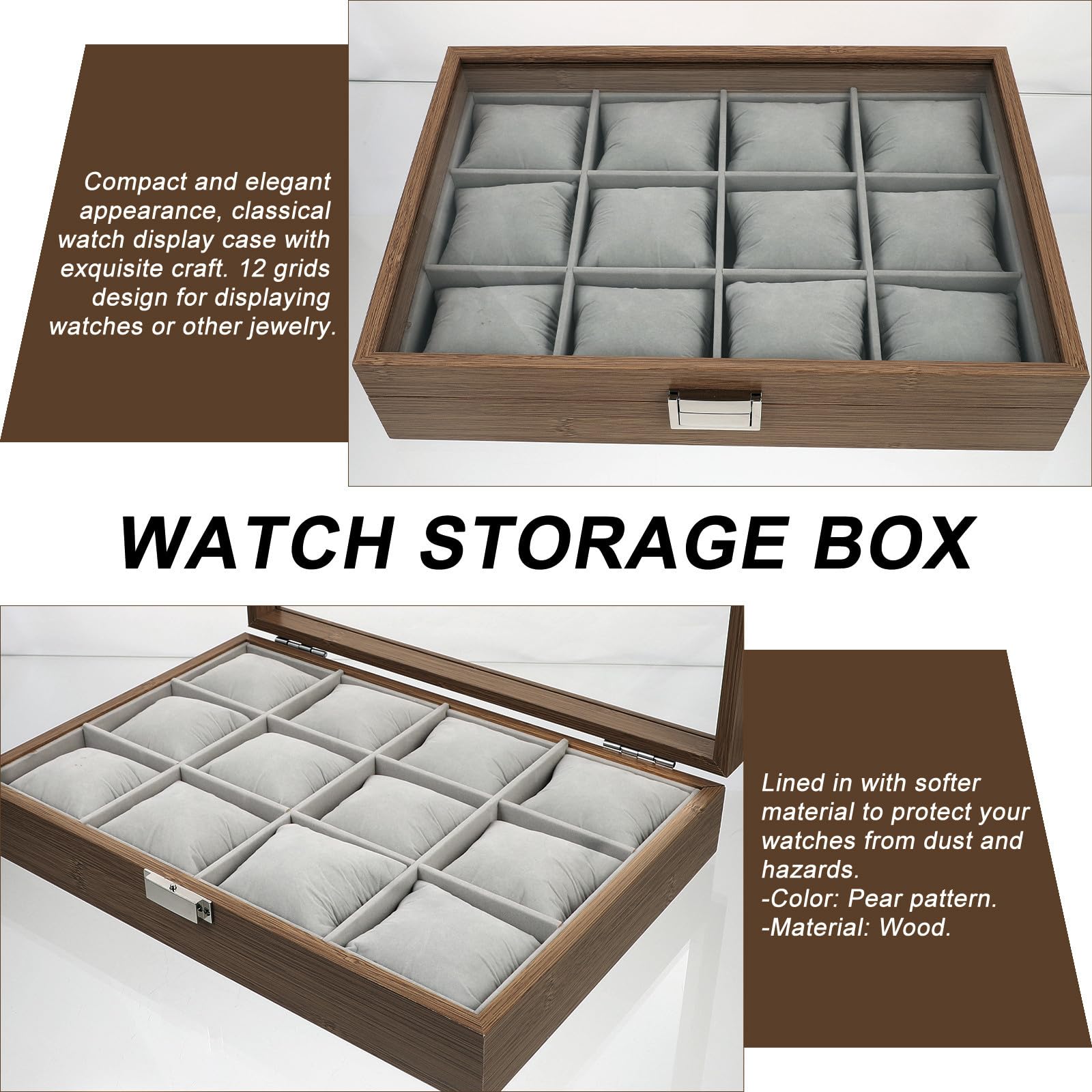 Caja organizadora de relojes de madera con 12 almohadillas removibles para uso personal y exhibición en tienda