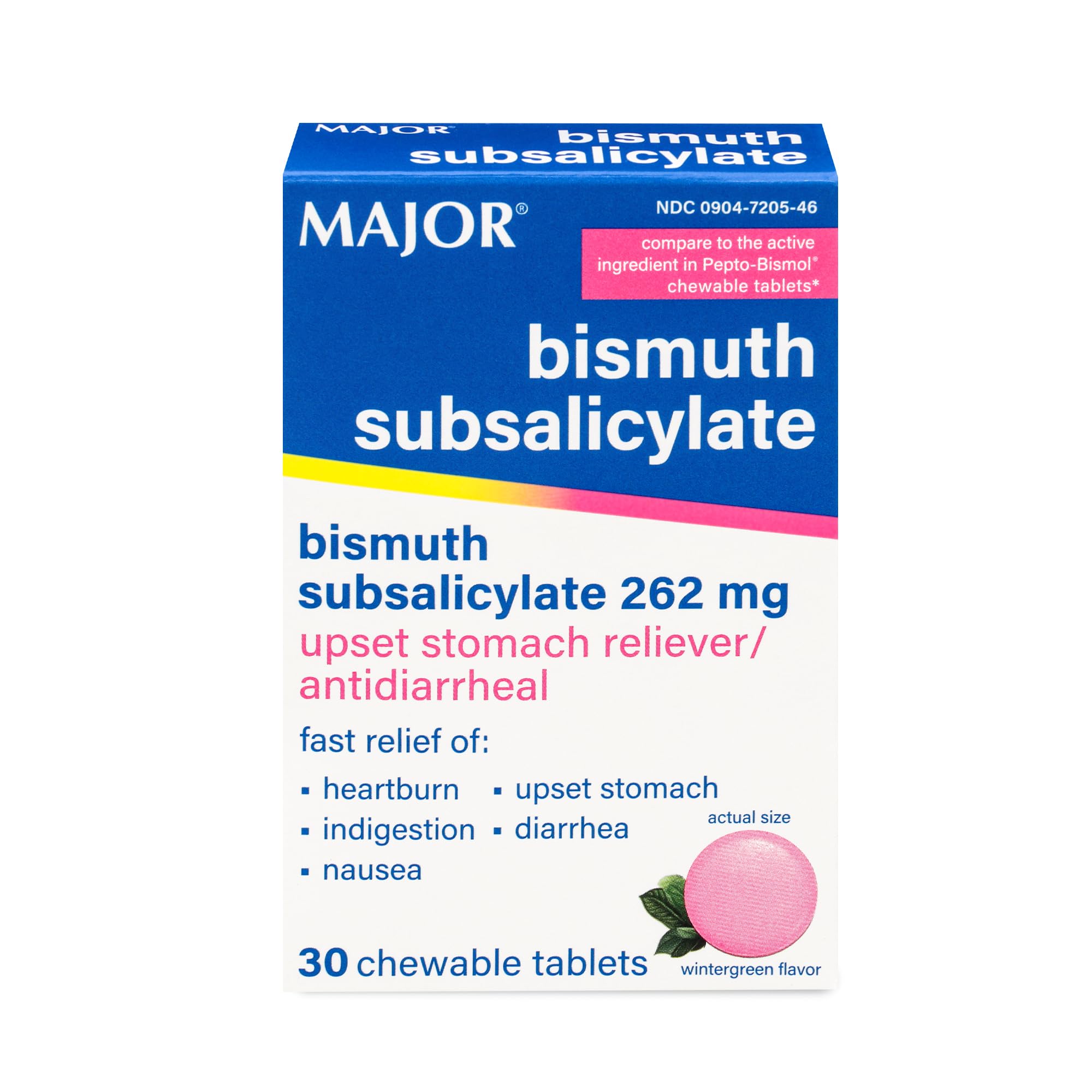 MAJOR Bismuth Subsalicylate 262 mg Chewables - Offers Heartburn, Indigestion, Nausea, Diarrhea, and Upset Stomach Relief - Anti-diarrheal - 30 Chewable Tablets (1 Pack)