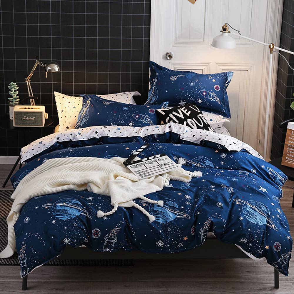 Mengersi Star Galaxy Bedding Set Duvet Cover Set for Teen Kids Boys Gift Solar System Pattern (King, Blue)