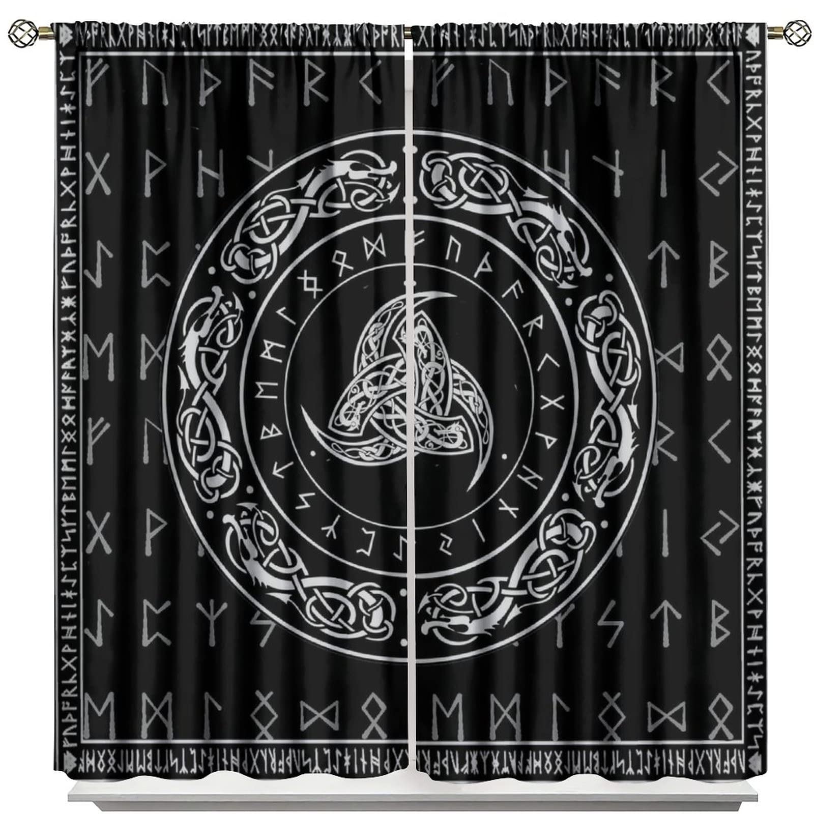 Viking Art Curtains,Ancient Rune Totem Norse Mythology Blackout Window Drapes,Black White Mystical Geometric Norse Window Treatment for Living Room Kids Boys Bedroom 55x63in