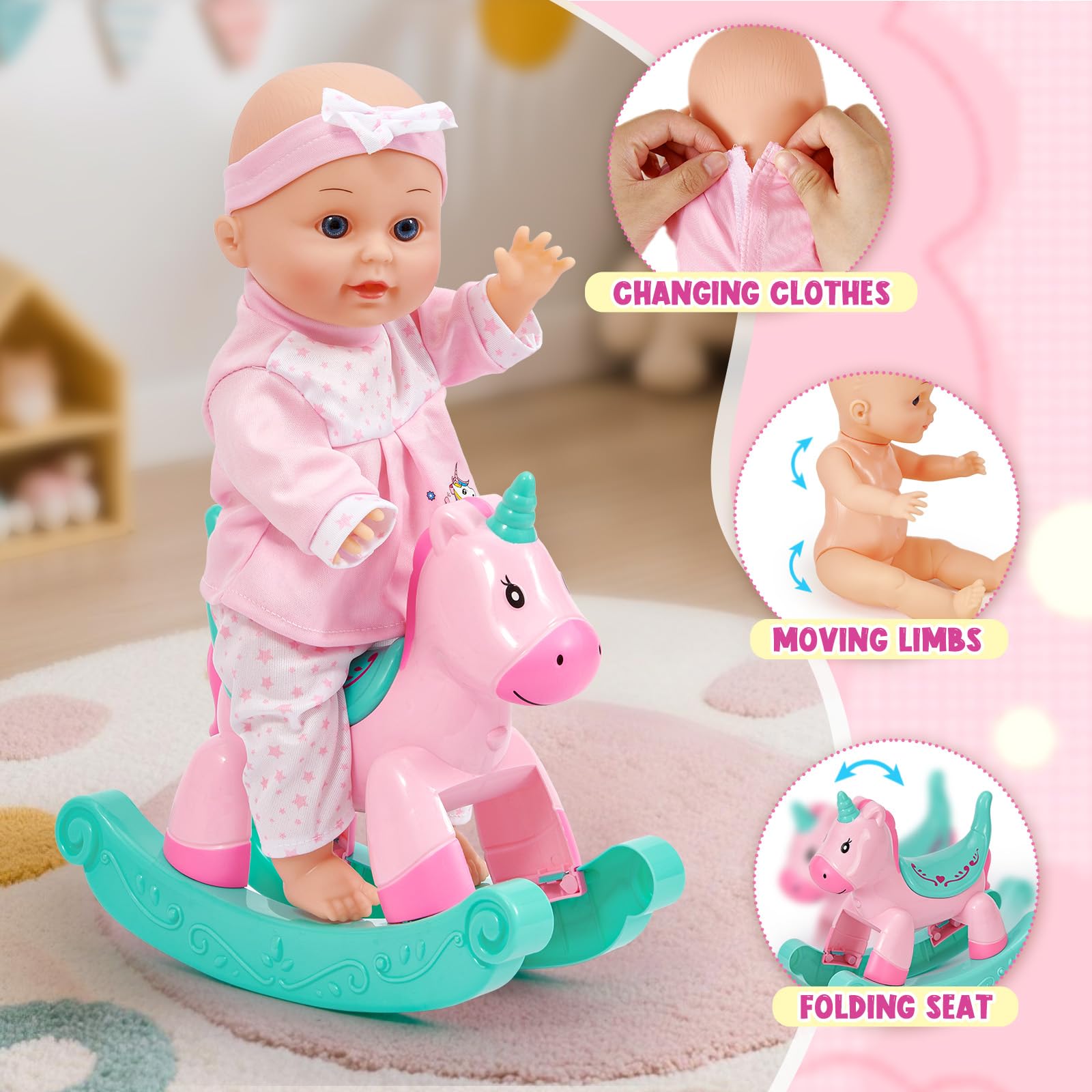 vamei Kit Accessoire Bebe pour Poupon, Accessoires Poupon avec Poupee & Poussette de Poupee & Cheval à Bascule & Sac & Vêtements, Jouet Jeu de Rôle Anniversaire Cadeau Fille Enfant 2 3 4 5 6 Ans