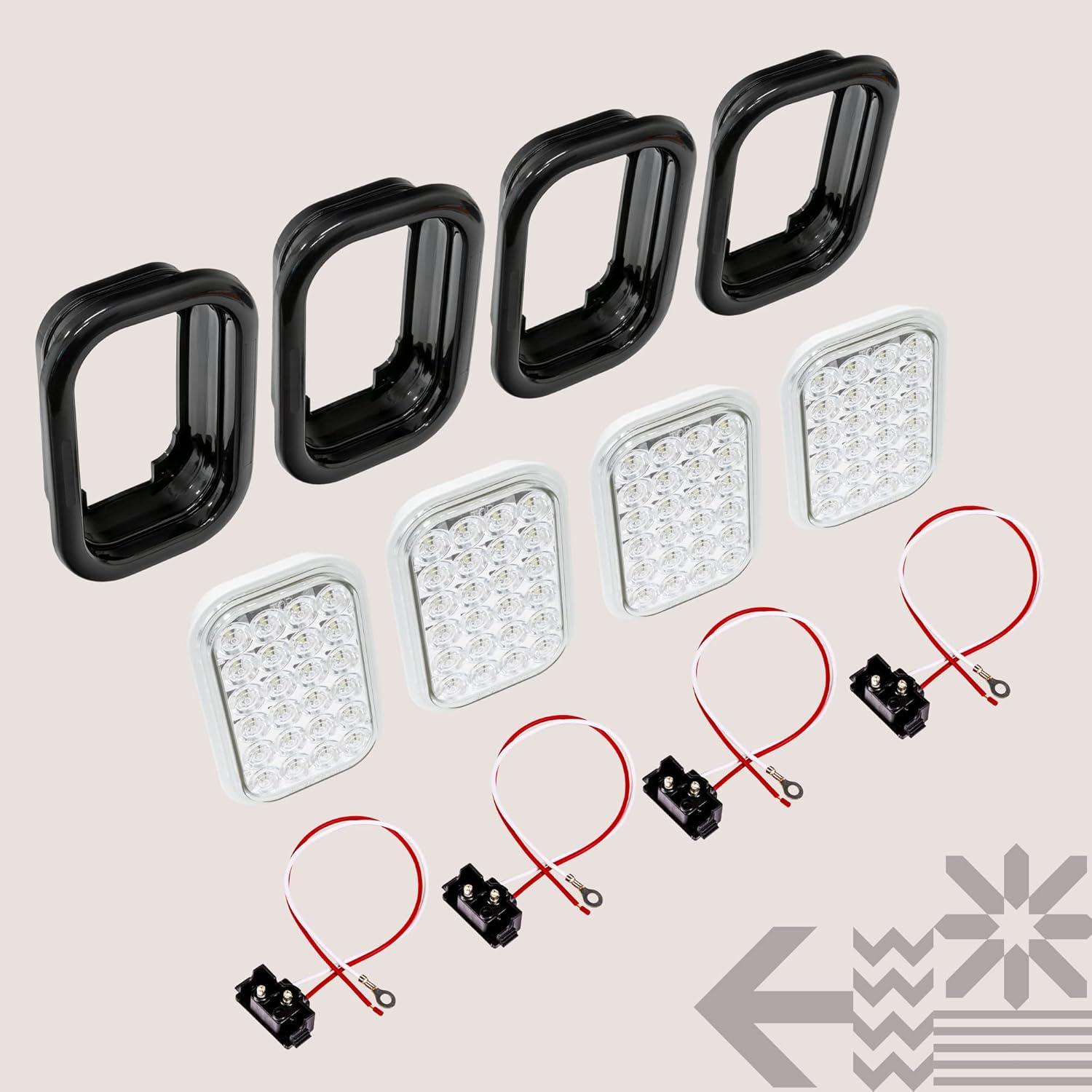 TRUE MODS 4pc White 5x3 3x5 Inch Rectangle LED Trailer Tail Light Kit [DOT FMVSS 108] [SAE (2) R] [Grommets/Plugs] [Submersible] [Back-Up/Reverse] [24 LED] Brake Lamp for Tow Truck 80" Wide Trailer