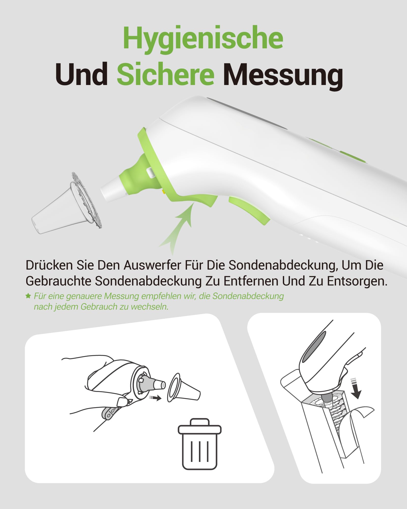 Fieberthermometer Ohr mit vorgewärmter Sonde, verstellbarer Komfort-Spitze, Alters-Temperaturführung, Nachtlicht & Speicher - Baby & Erwachsene